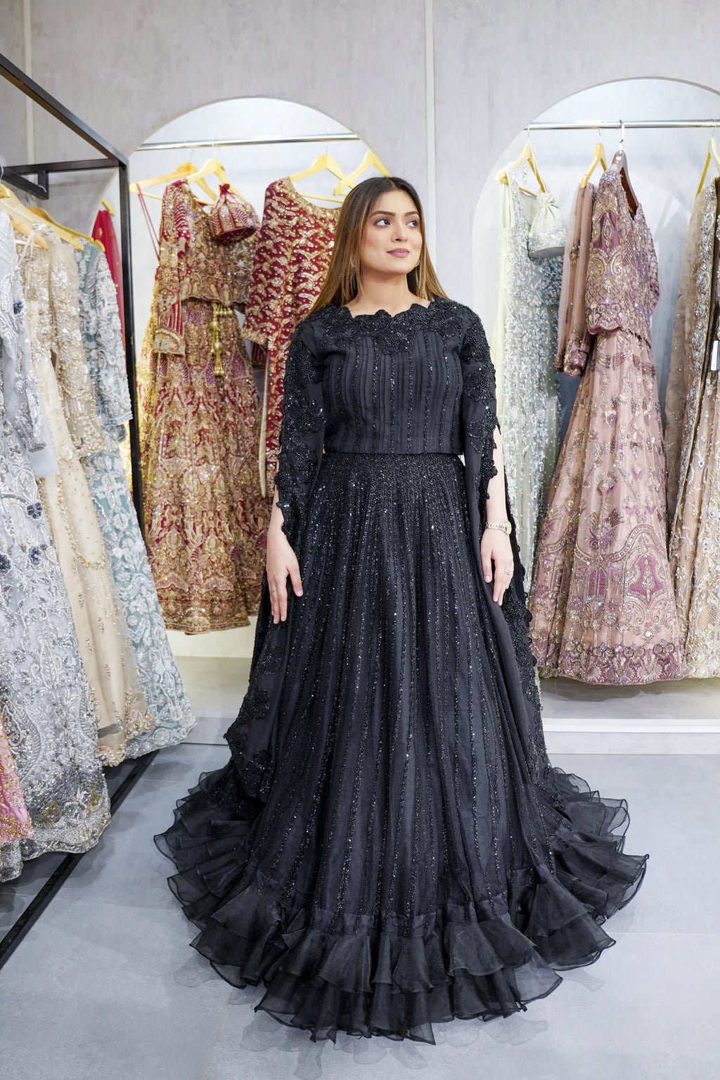 Black Korean Raw Silk Lehnga Blouse with Cape