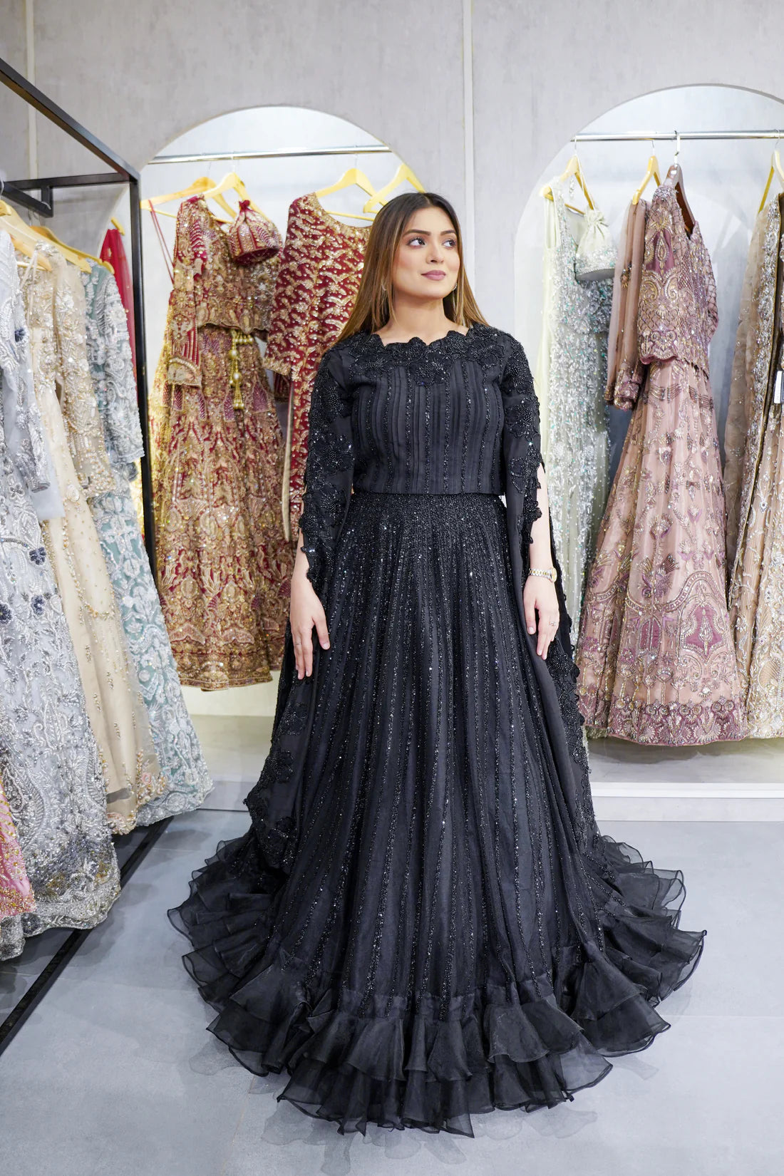 Black Korean Raw Silk Lehnga Blouse with Cape