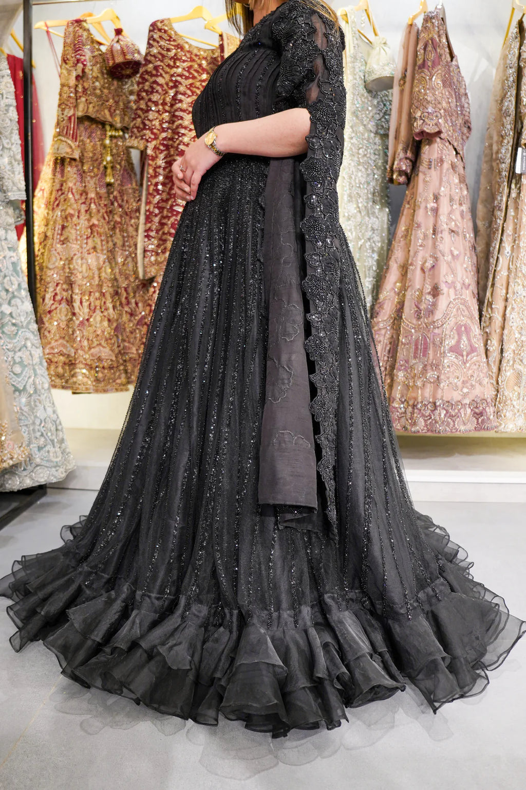 Black Korean Raw Silk Lehnga Blouse with Cape