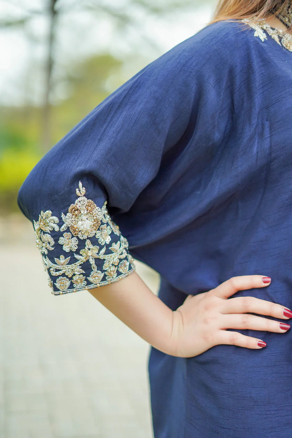 Navy Blue Raw Silk Kaftan with Trousers