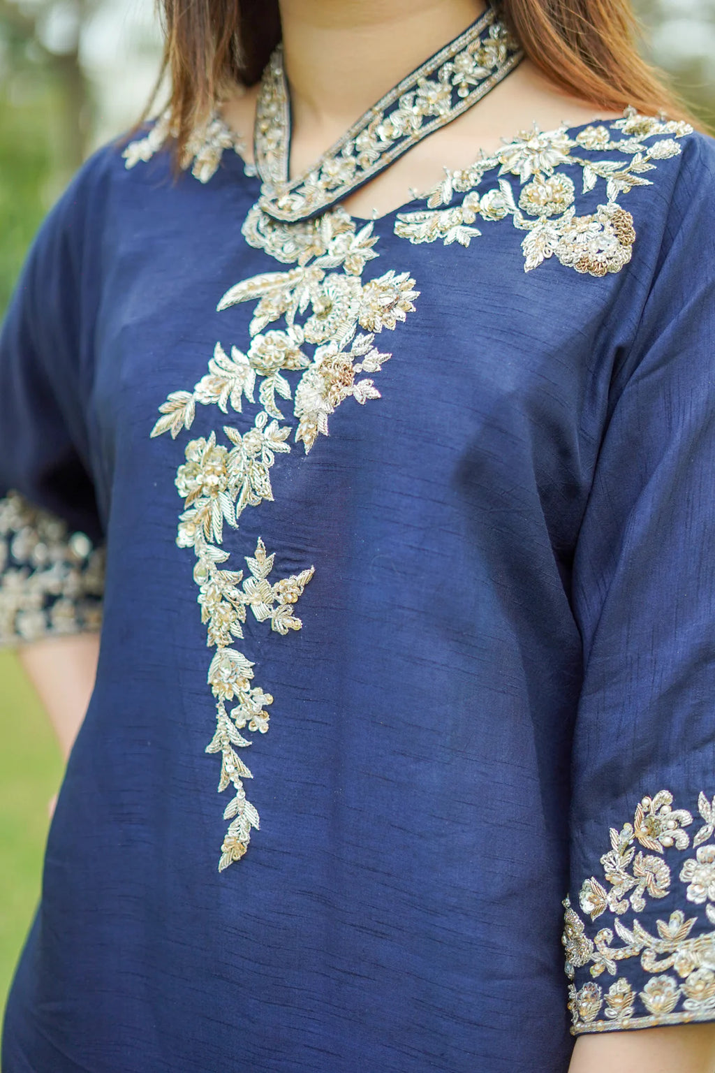 Navy Blue Raw Silk Kaftan with Trousers