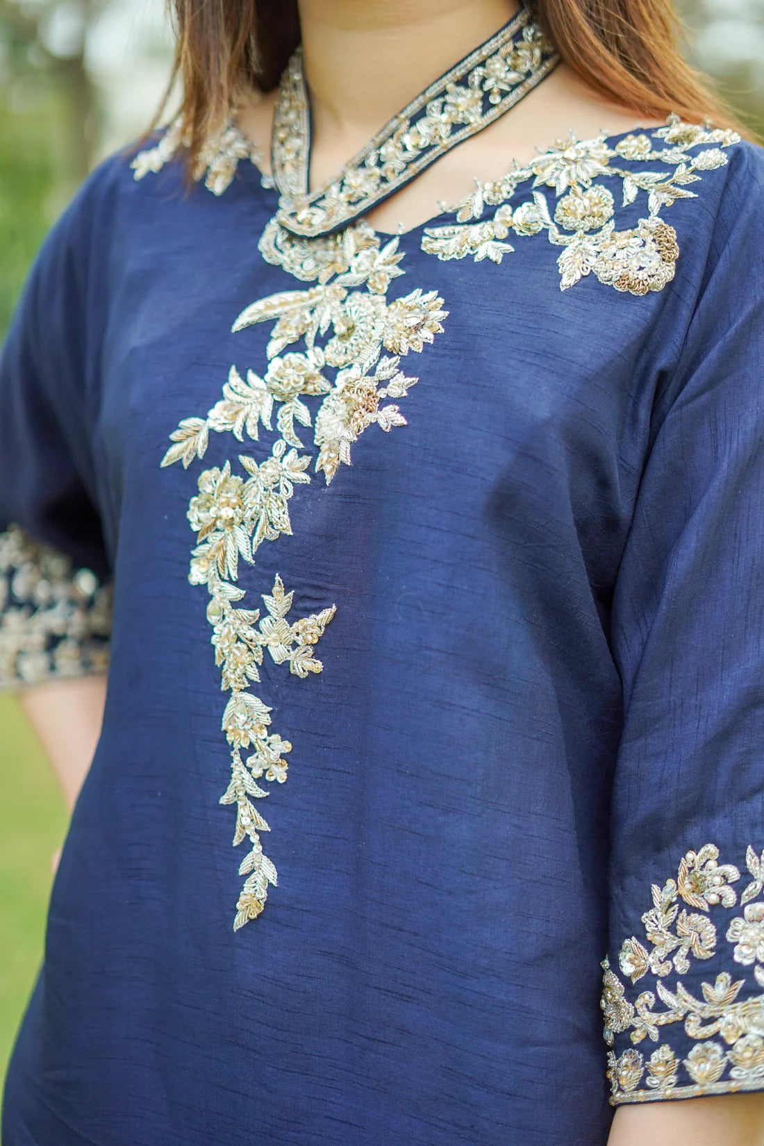Navy Blue Raw Silk Kaftan with Trousers