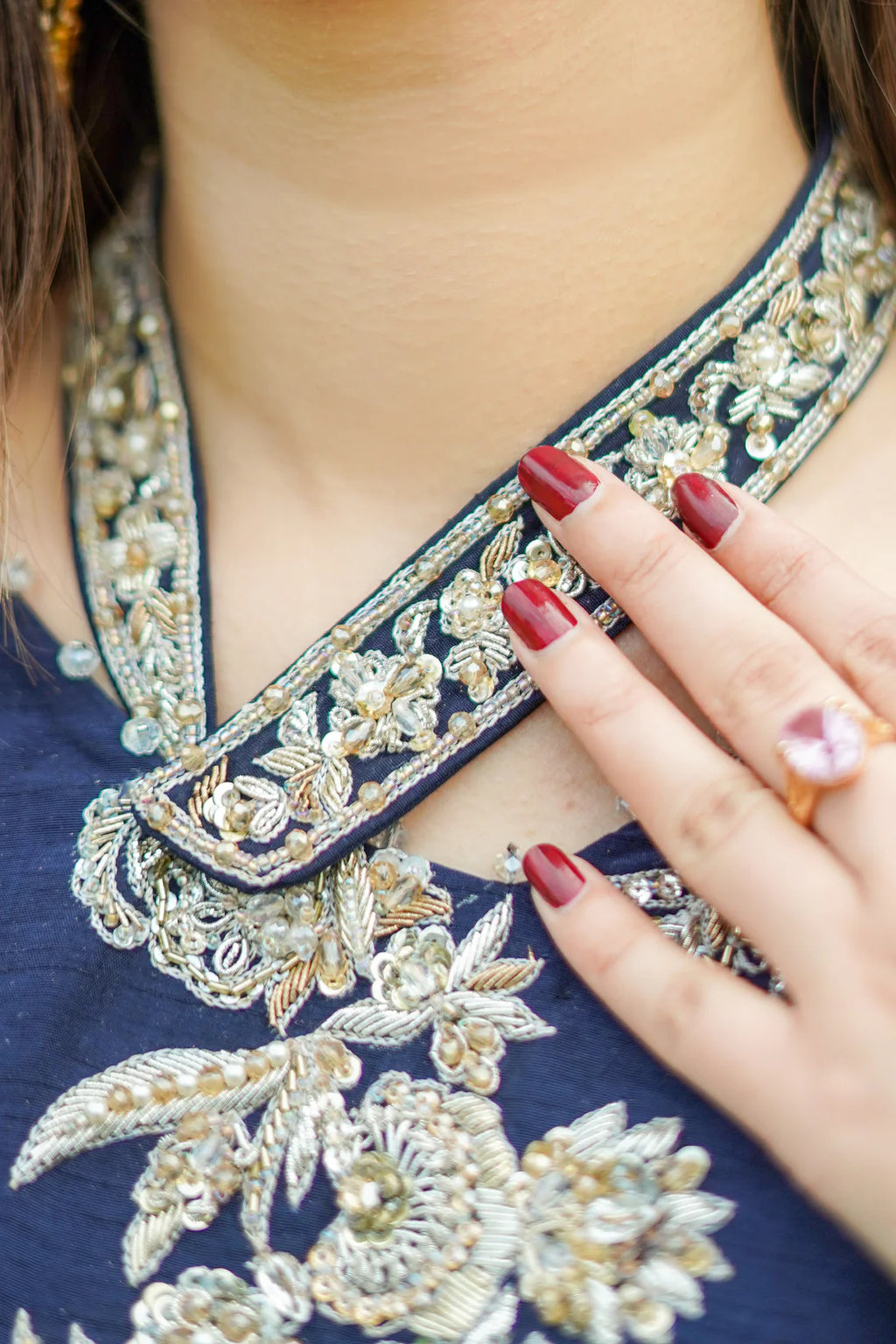 Navy Blue Raw Silk Kaftan with Trousers