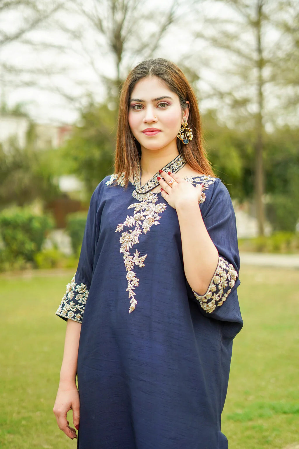 Navy Blue Raw Silk Kaftan with Trousers