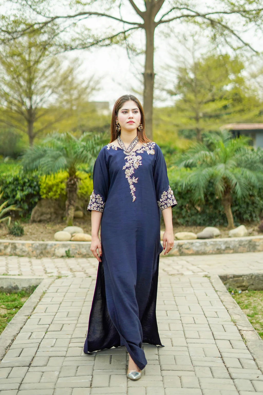 Navy Blue Raw Silk Kaftan with Trousers