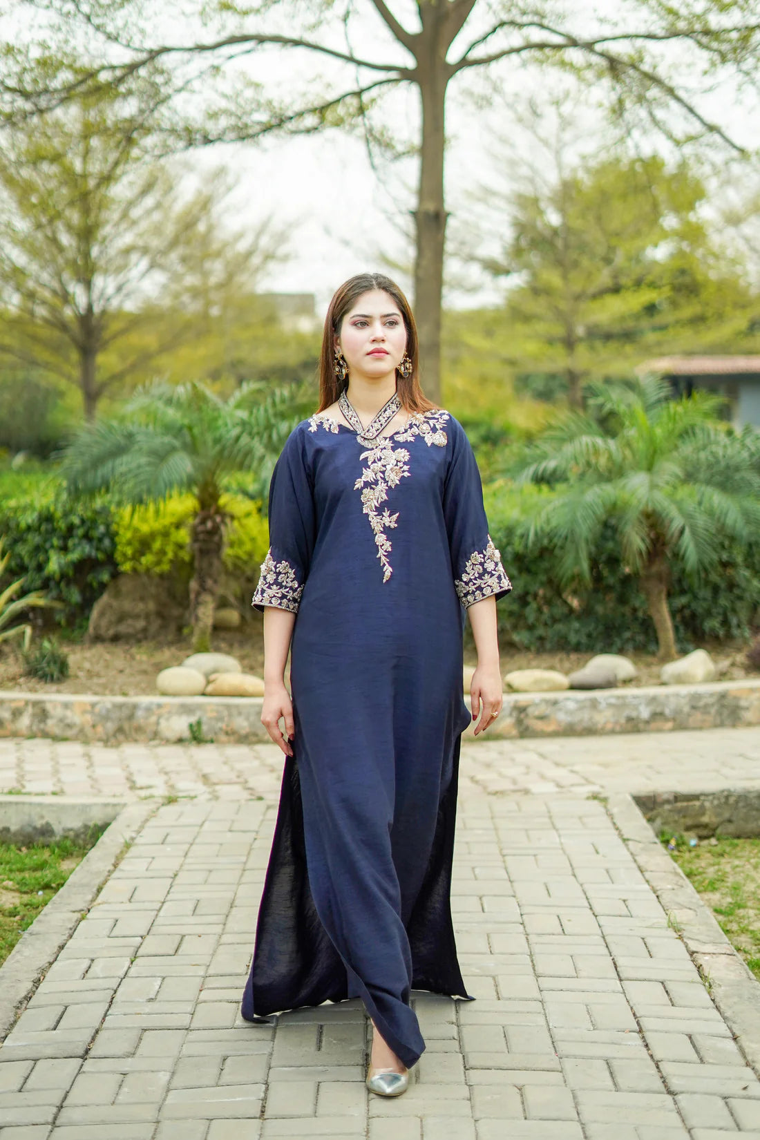 Navy Blue Raw Silk Kaftan with Trousers