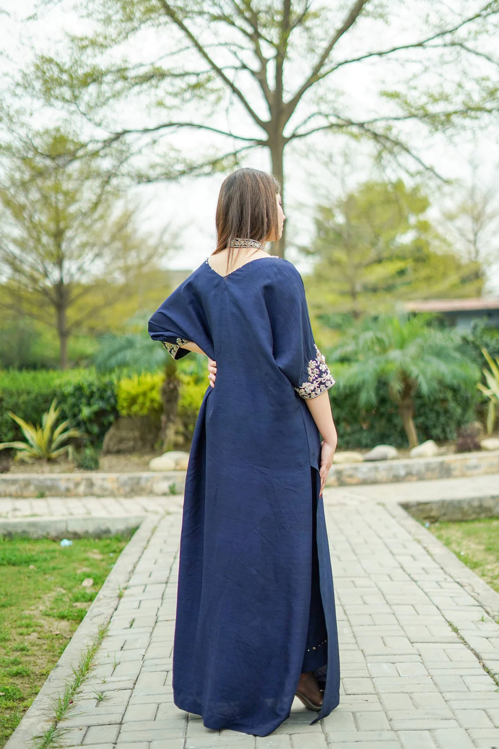 Navy Blue Raw Silk Kaftan with Trousers