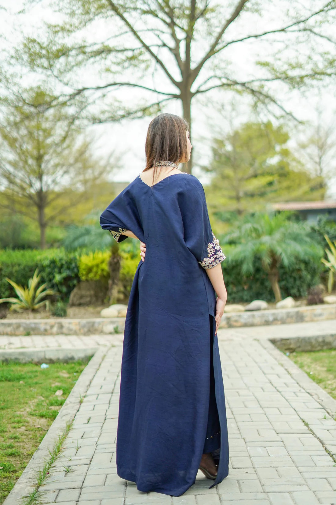 Navy Blue Raw Silk Kaftan with Trousers