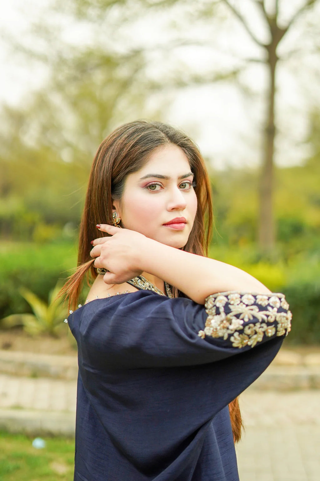 Navy Blue Raw Silk Kaftan with Trousers