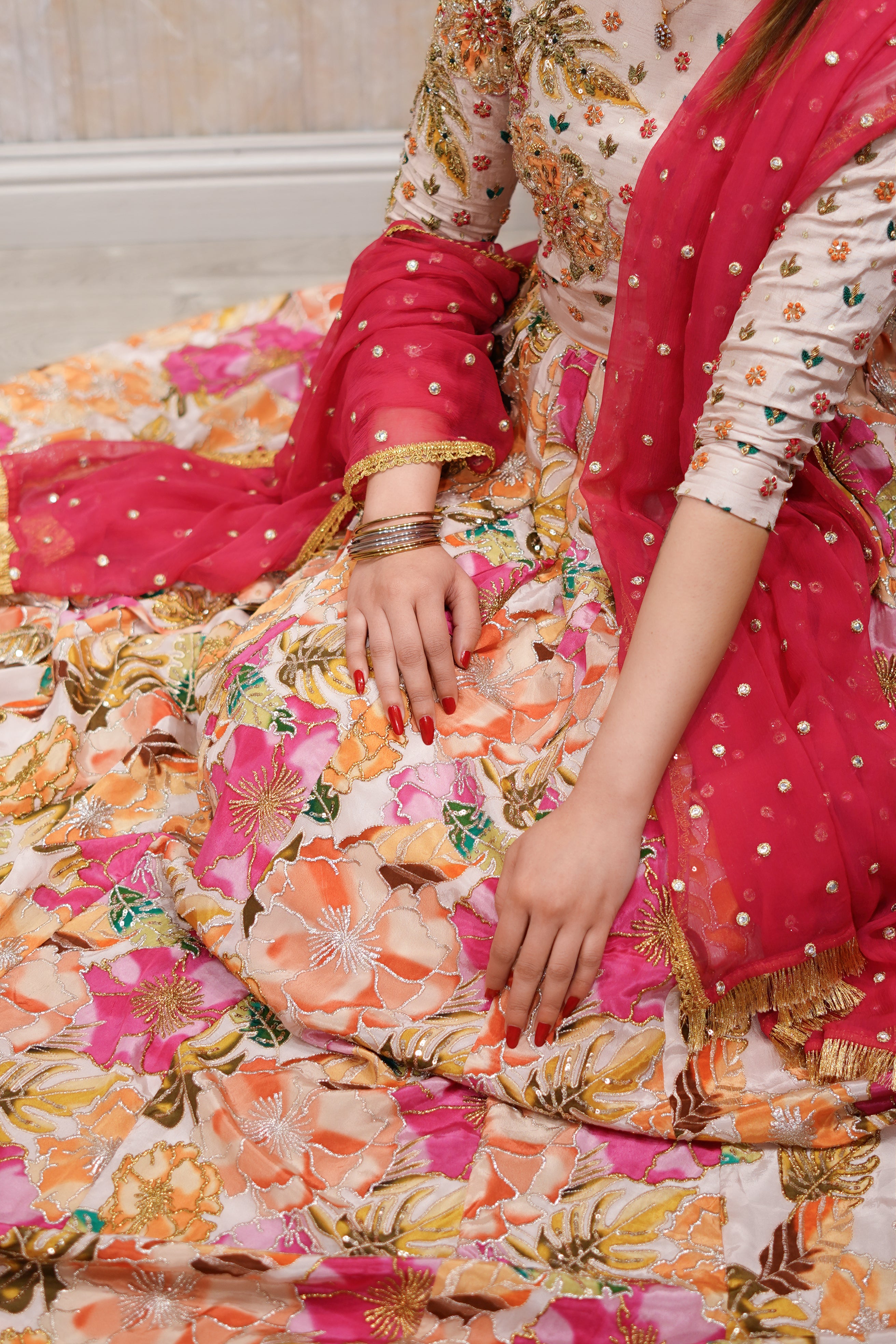 Peach Floral Silk Lehnga Choli