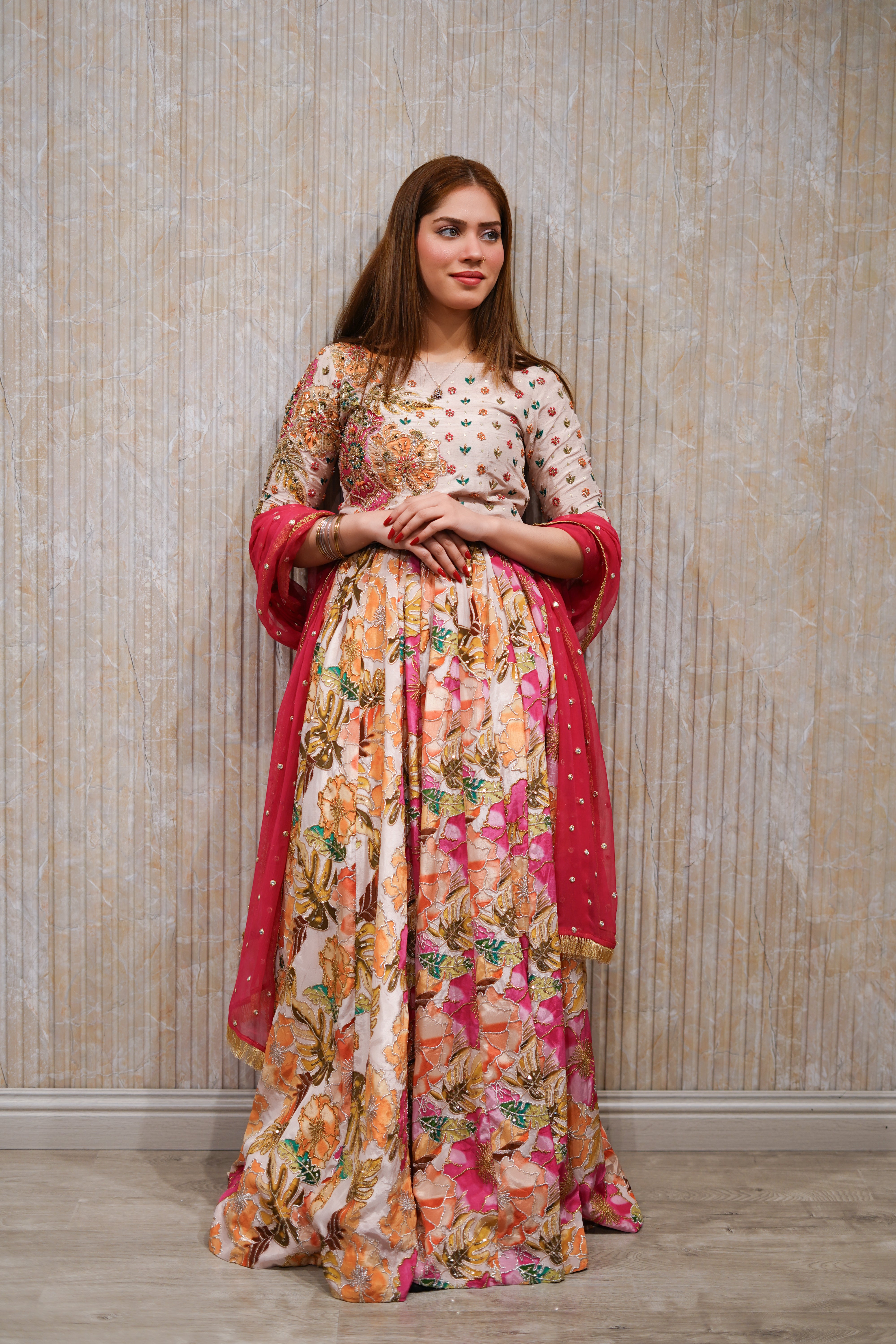 Peach Floral Silk Lehnga Choli
