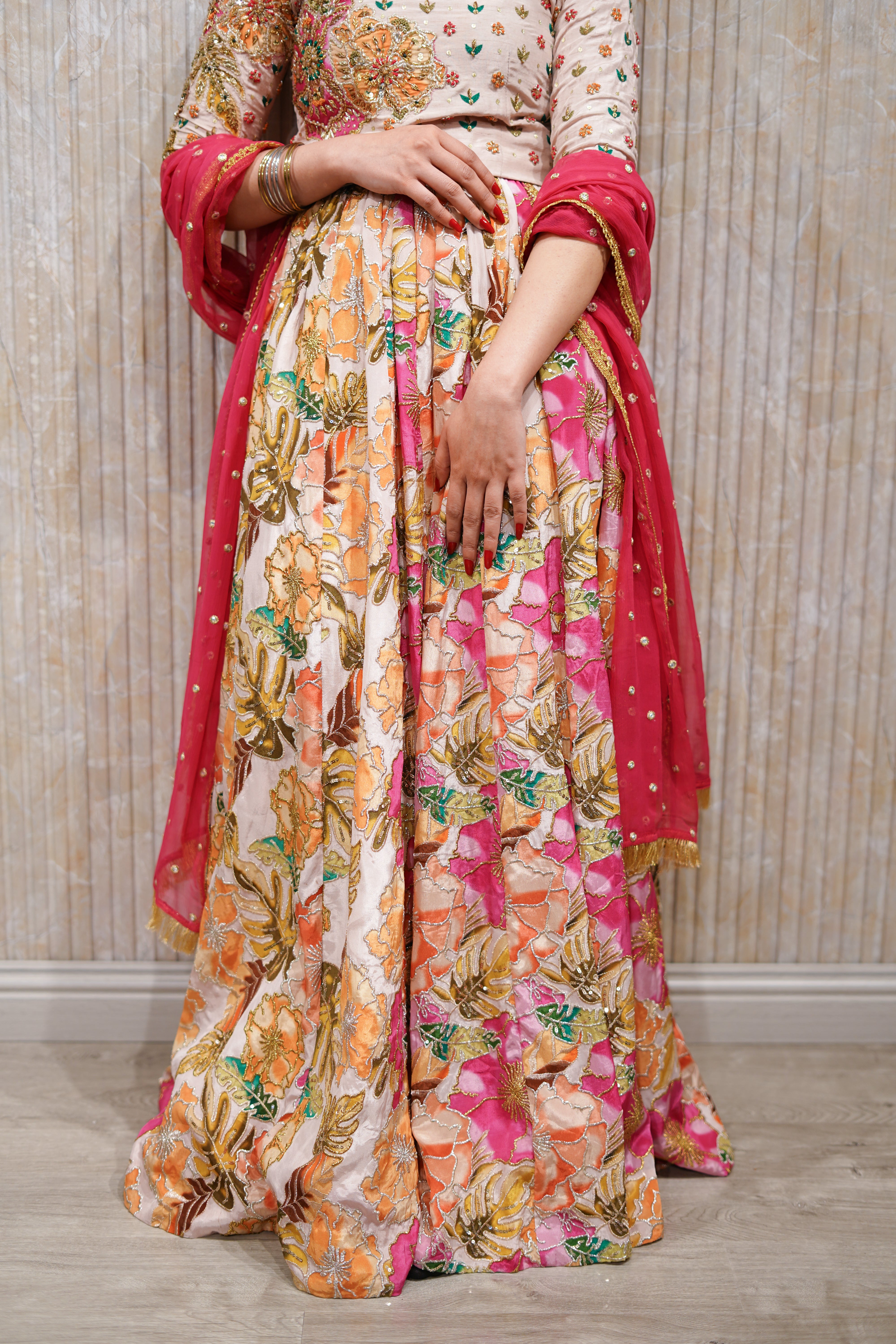 Peach Floral Silk Lehnga Choli