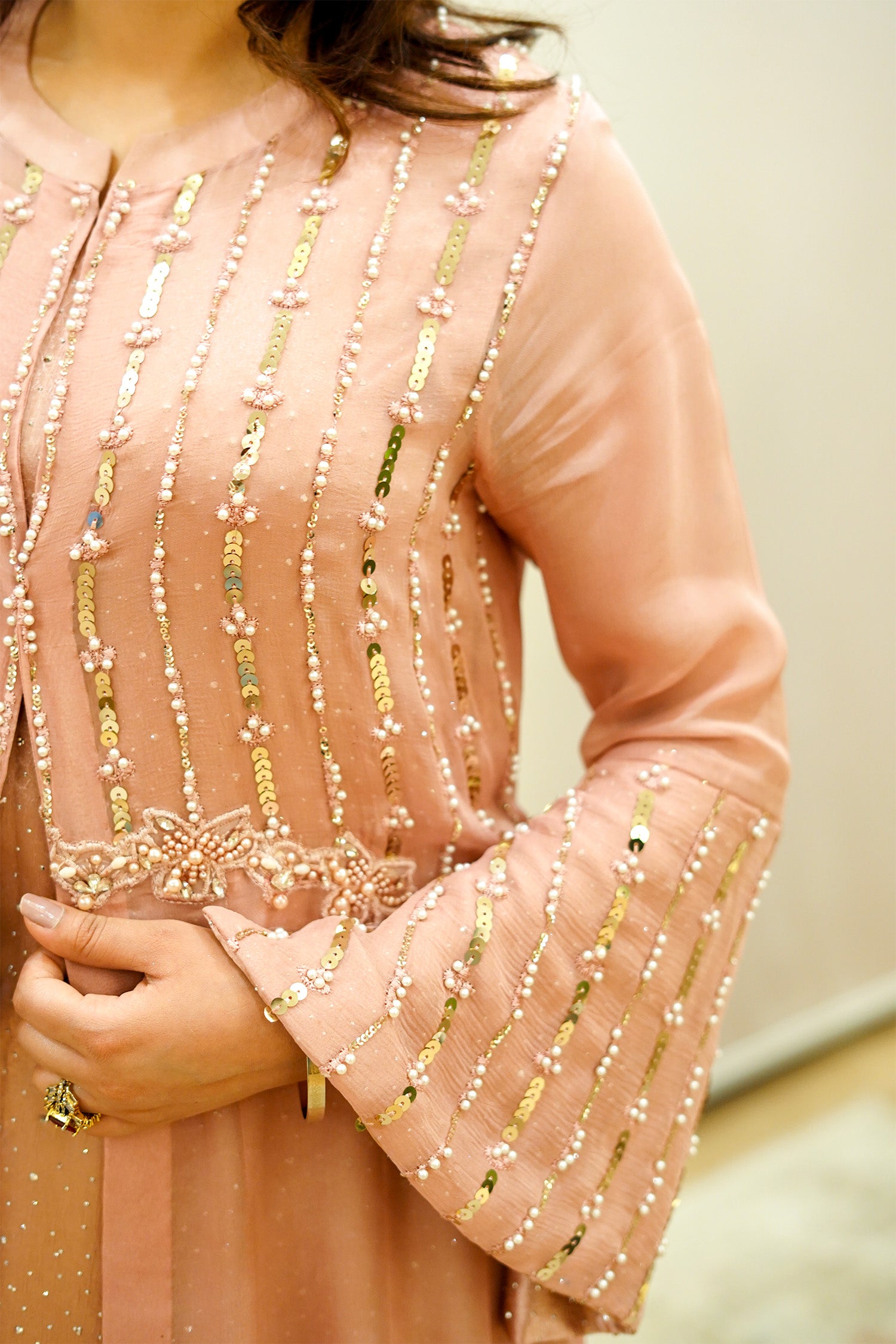 Peach Embellished Jacket Gown