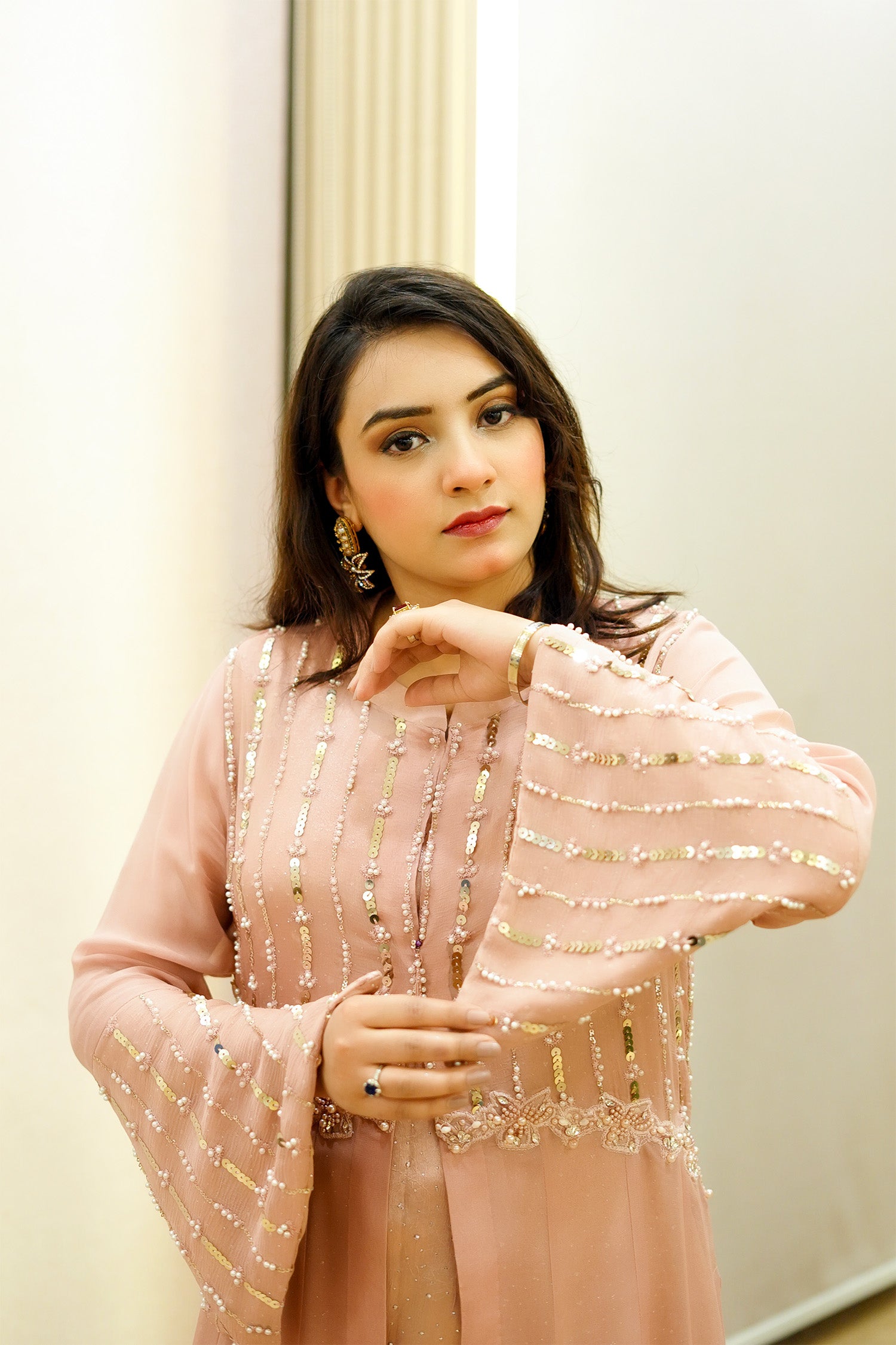 Peach Embellished Jacket Gown