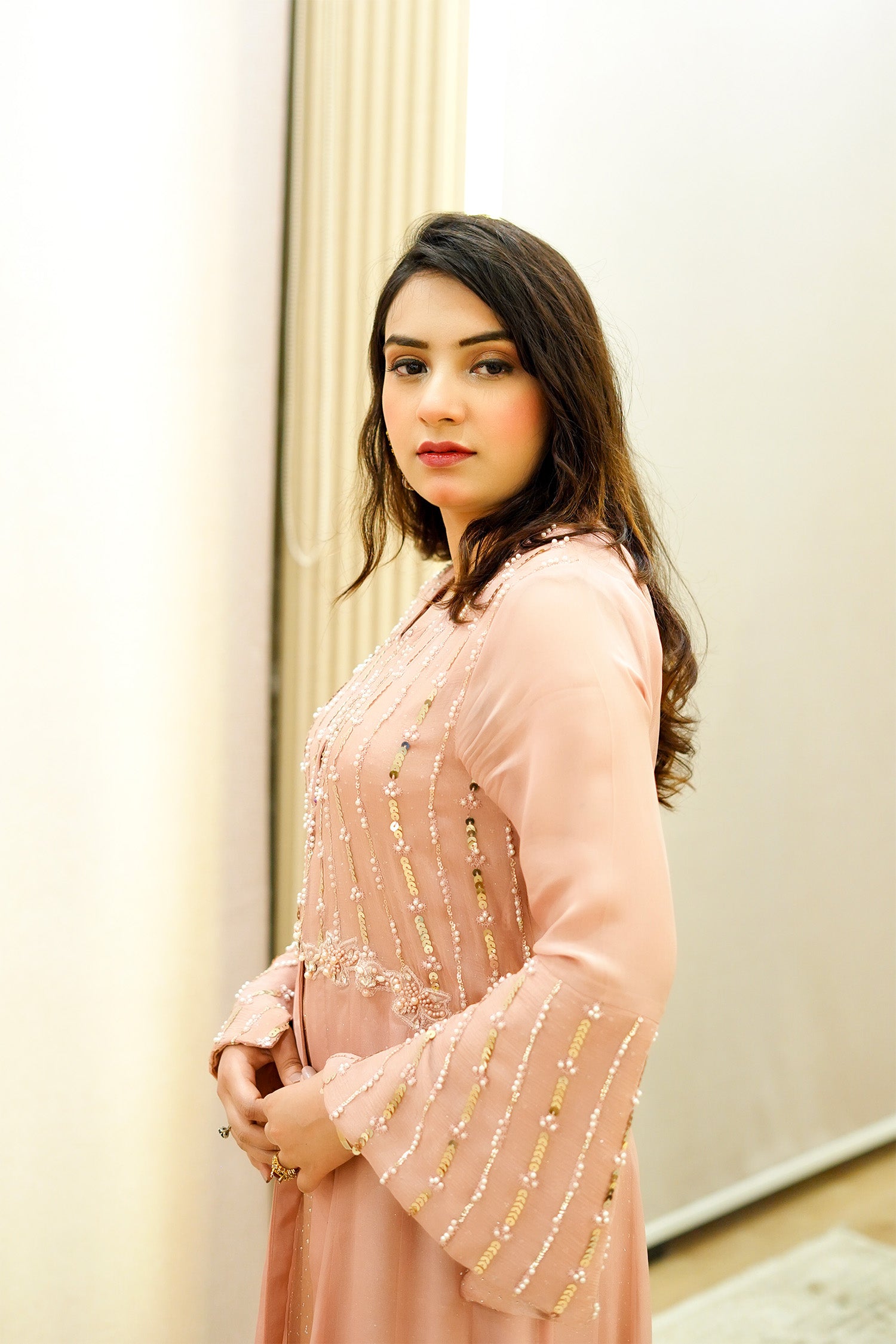 Peach Embellished Jacket Gown
