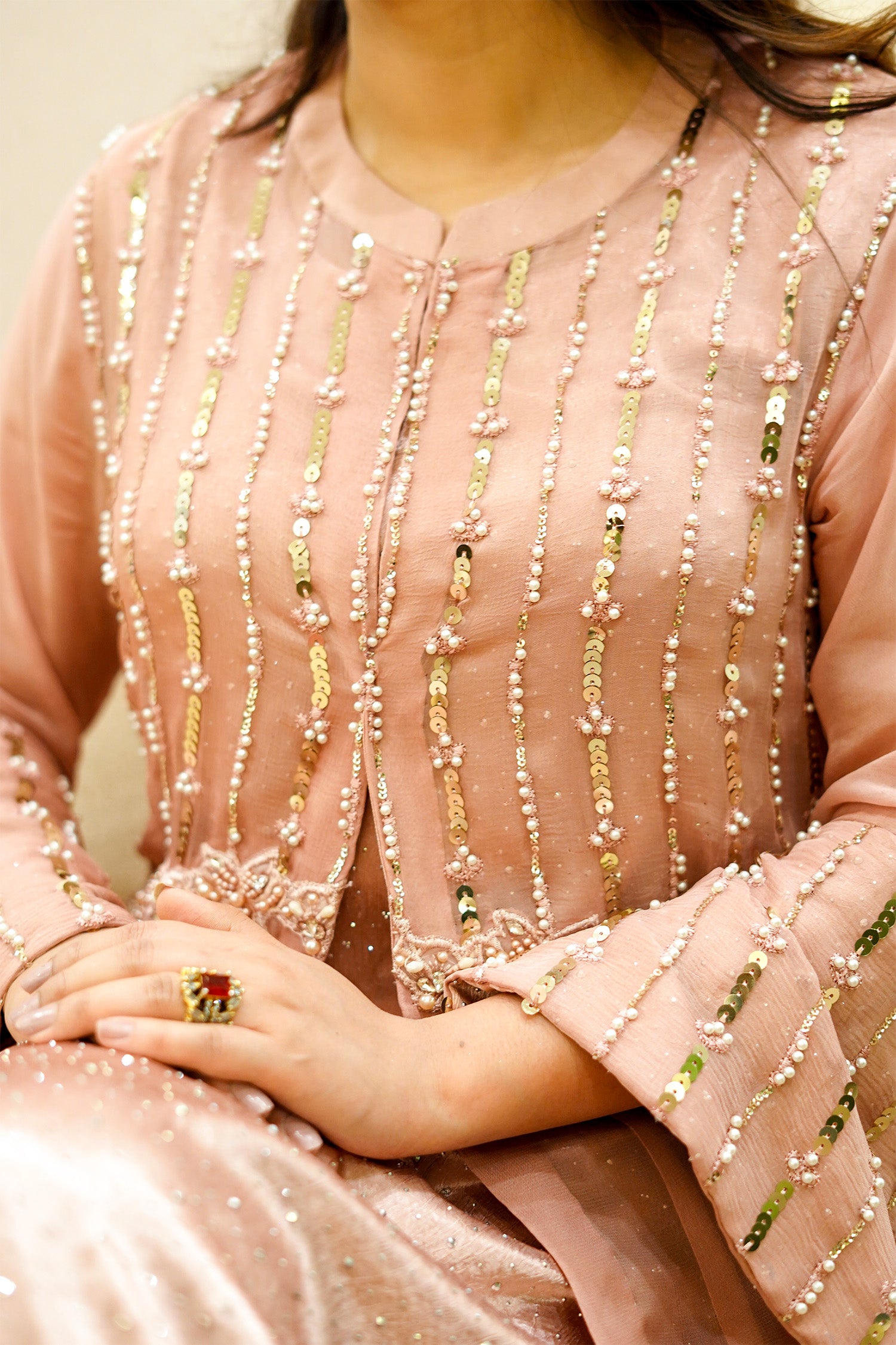 Peach Embellished Jacket Gown
