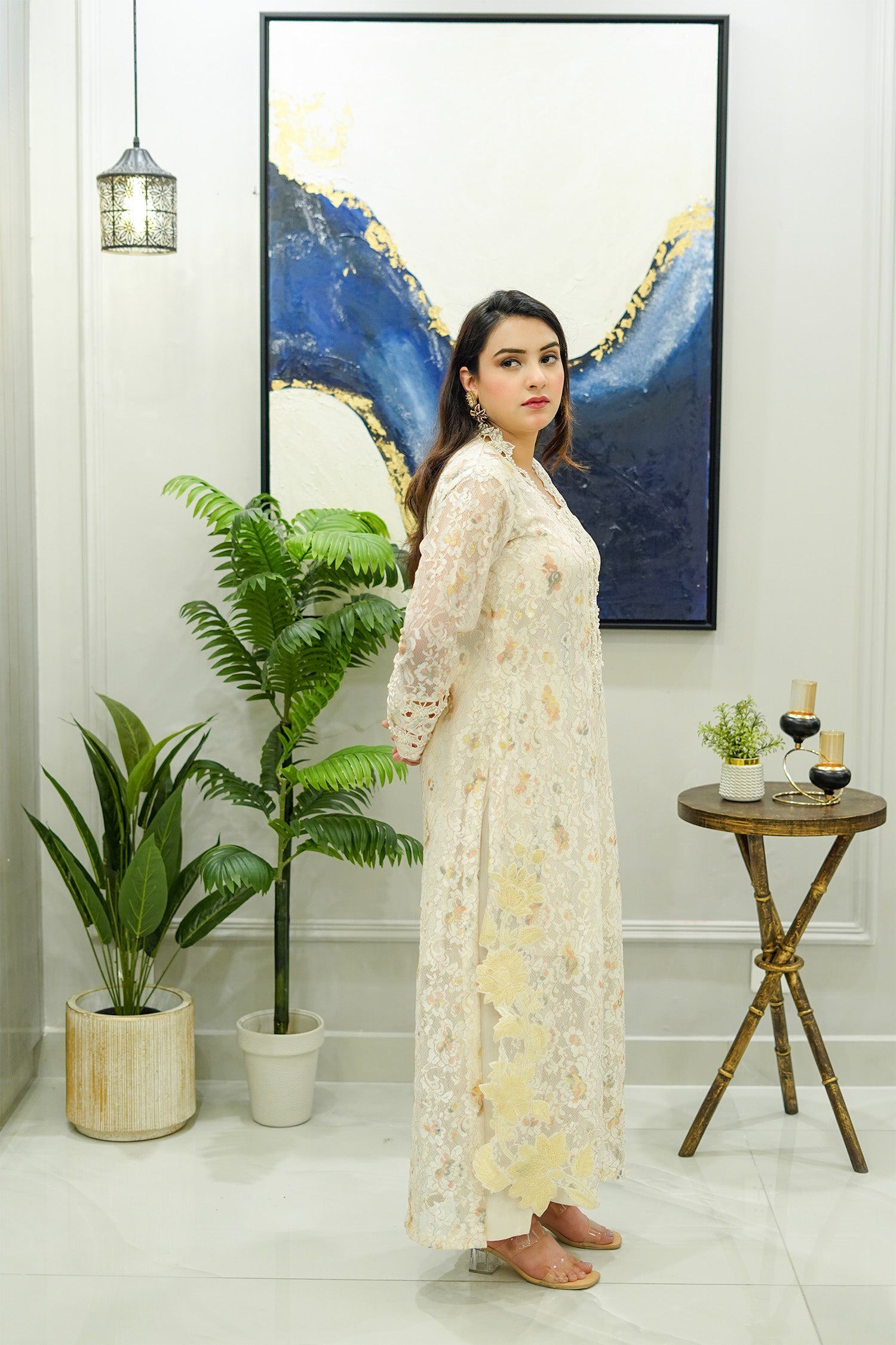Ivory Floral Lace Shirt with Yellow Appliqué