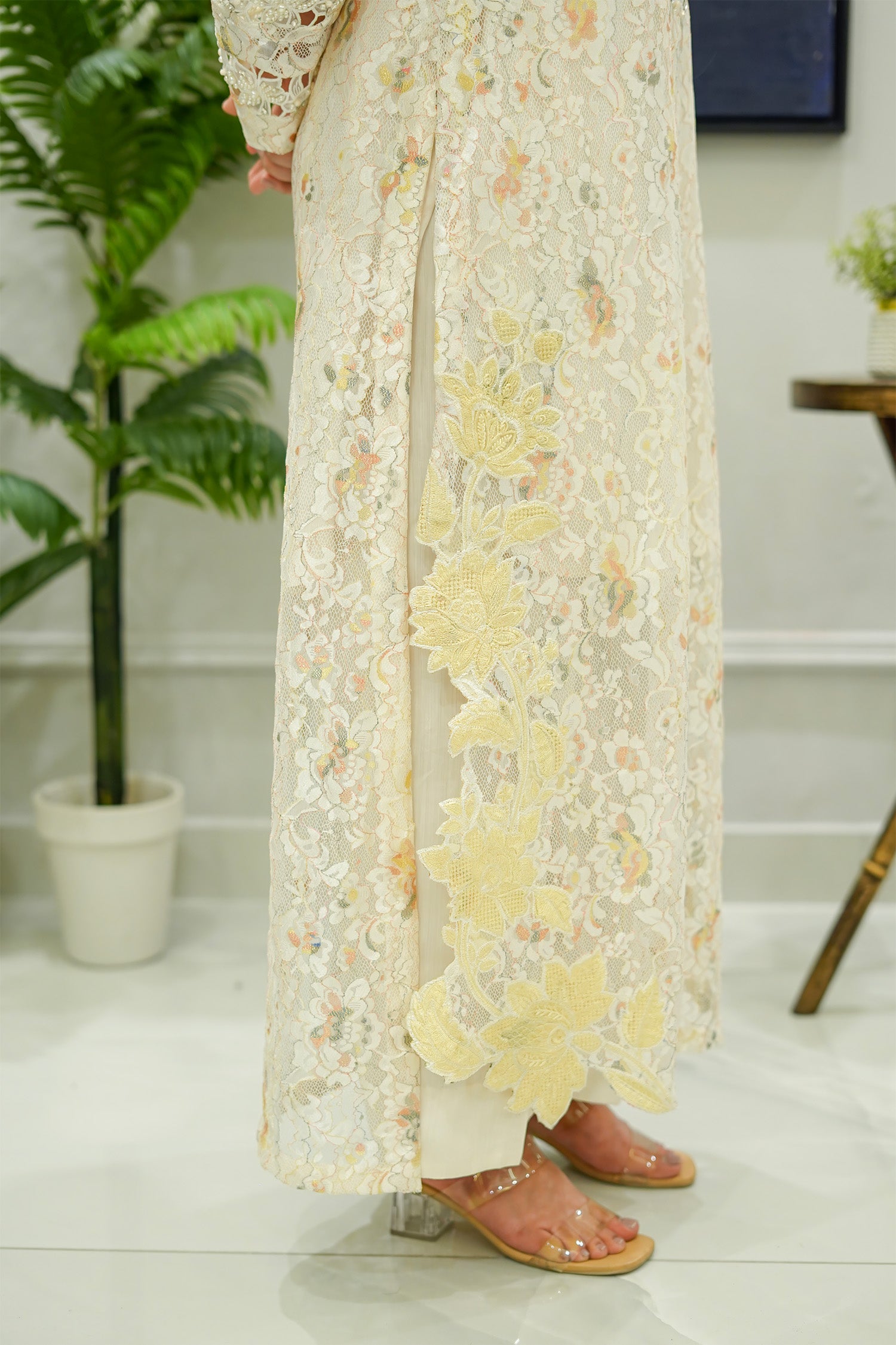 Ivory Floral Lace Shirt with Yellow Appliqué