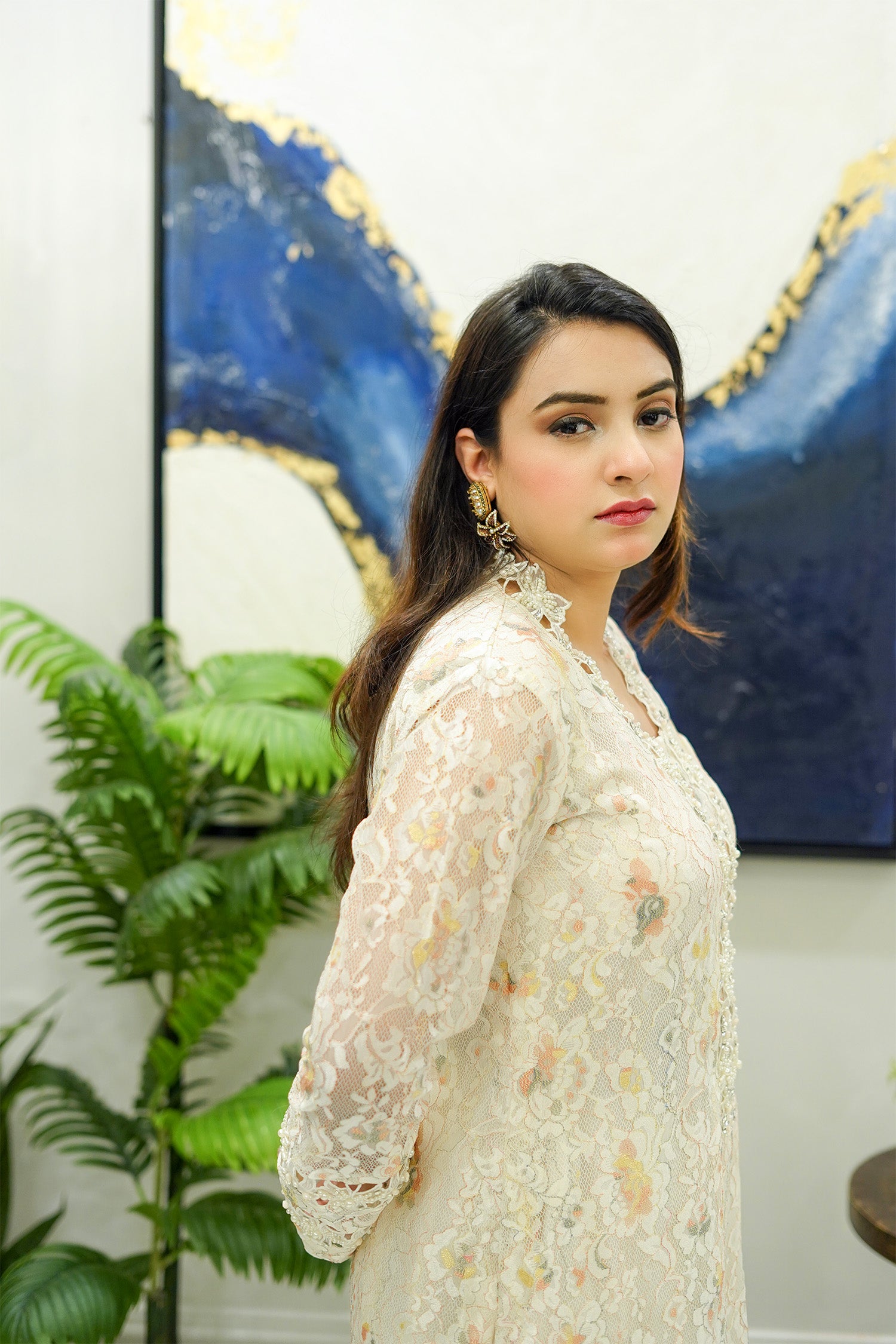 Ivory Floral Lace Shirt with Yellow Appliqué