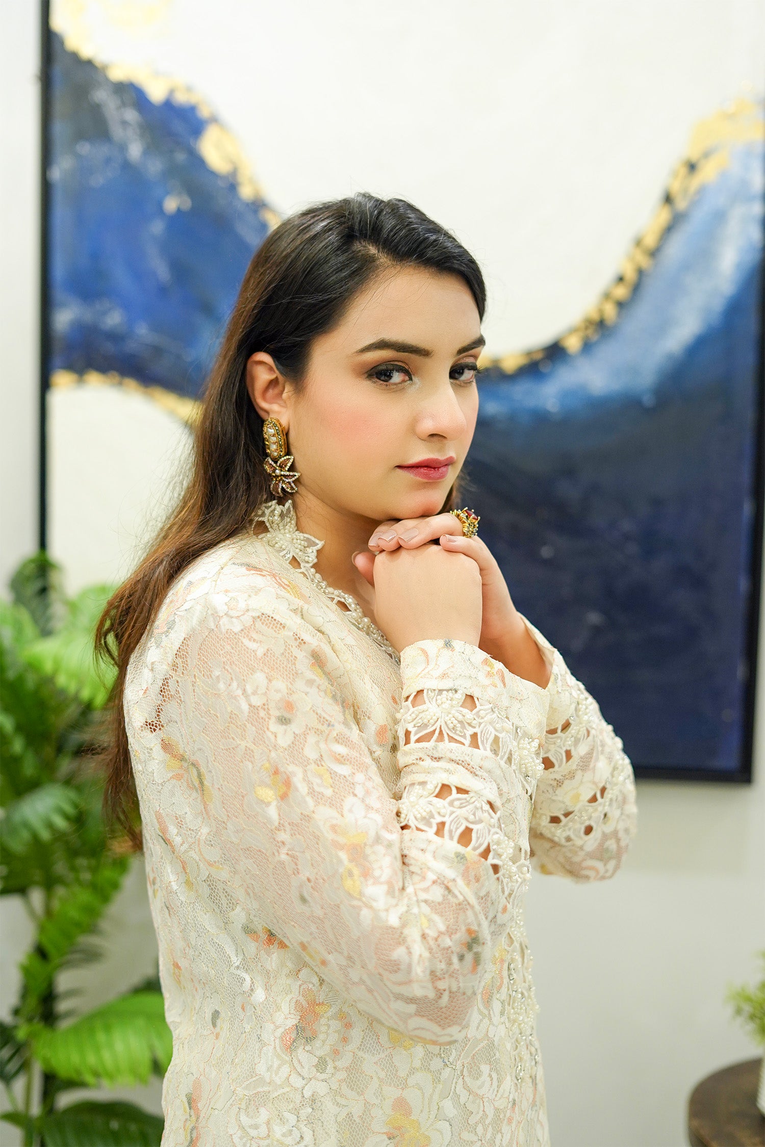 Ivory Floral Lace Shirt with Yellow Appliqué
