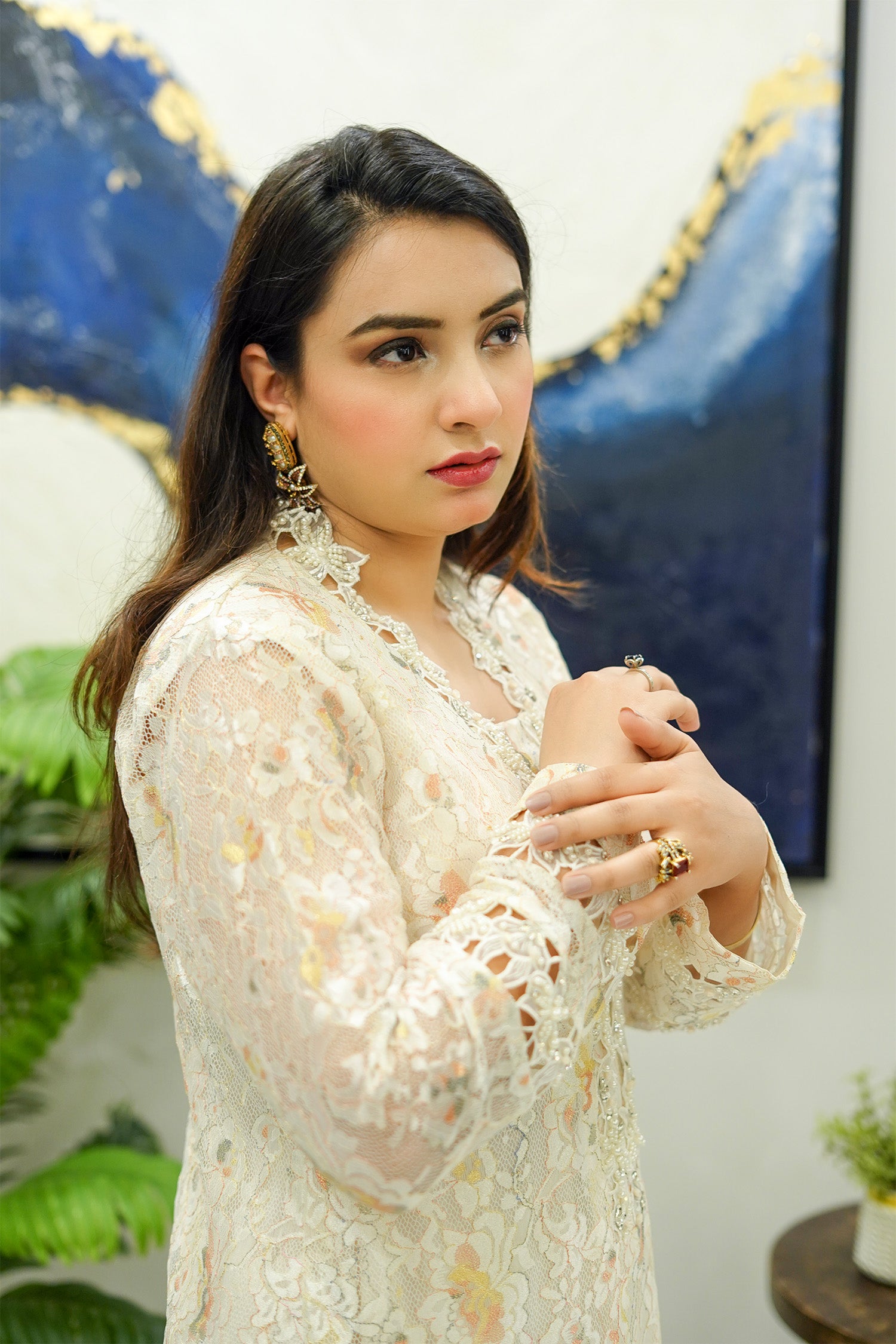 Ivory Floral Lace Shirt with Yellow Appliqué