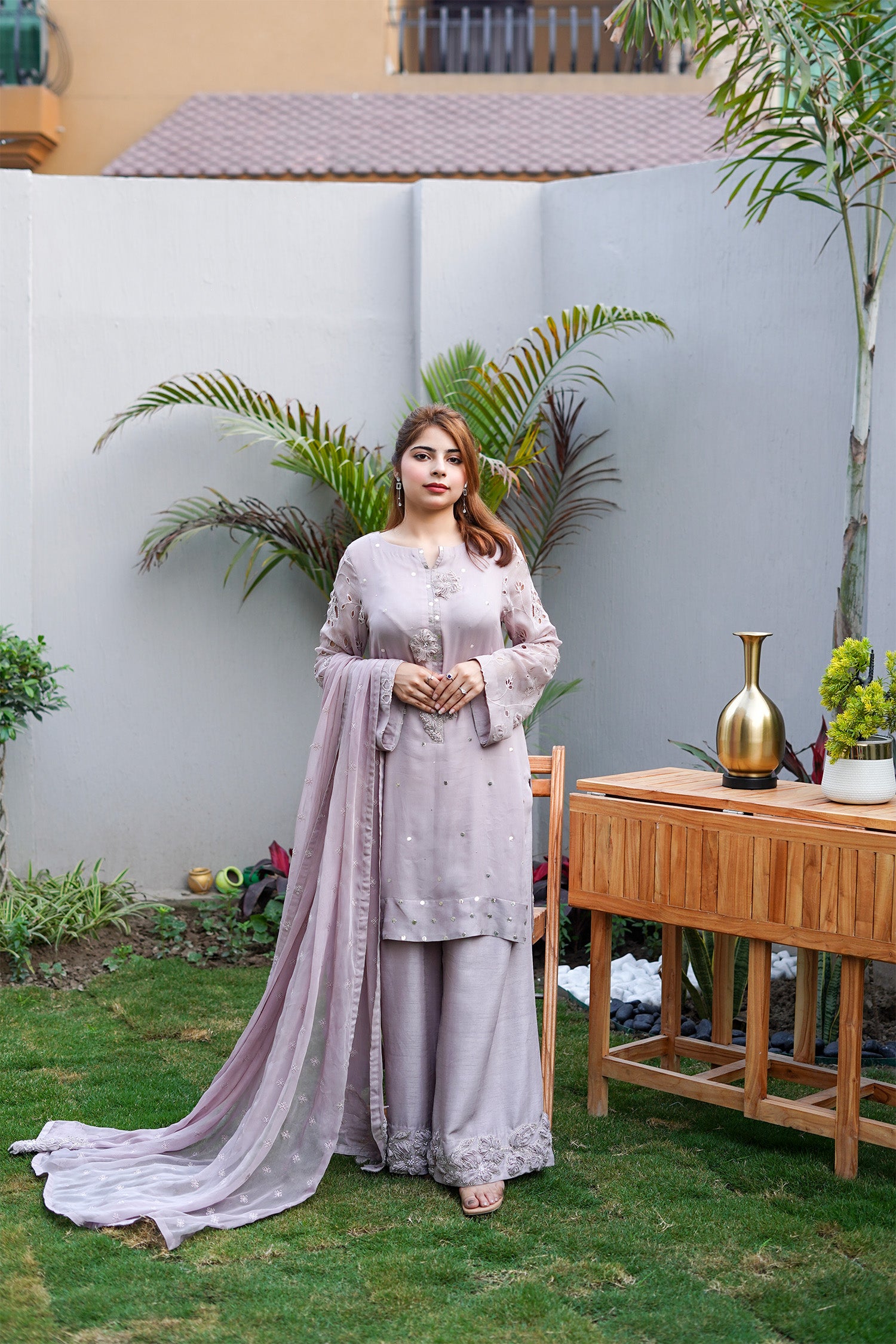 Lilac Lavender Embroidered Palazzo Suit