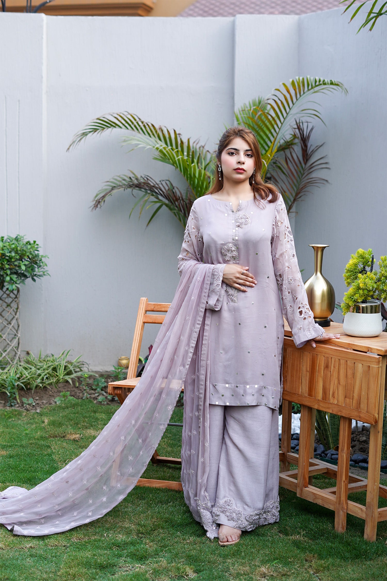 Lilac Lavender Embroidered Palazzo Suit