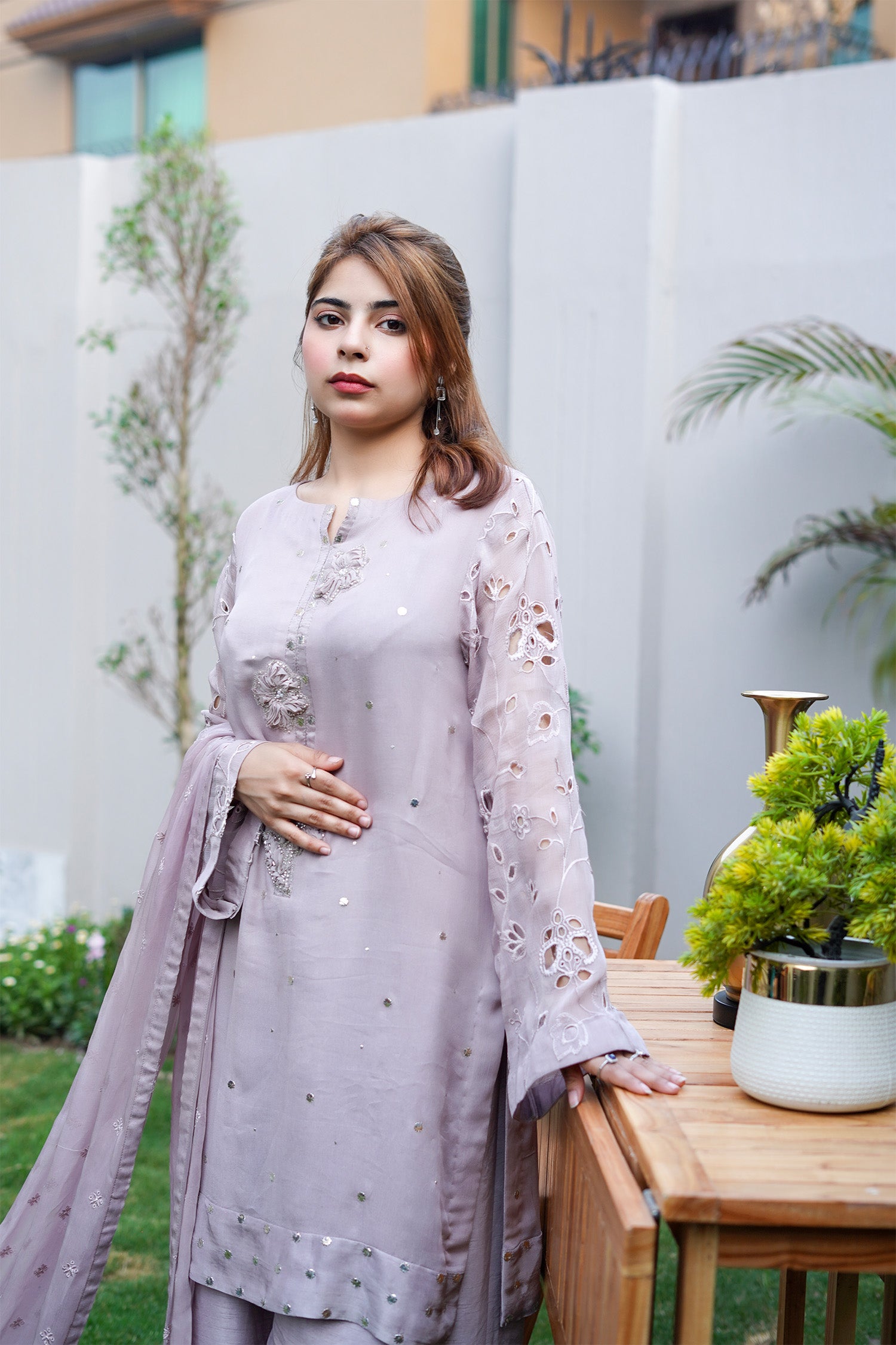 Lilac Lavender Embroidered Palazzo Suit
