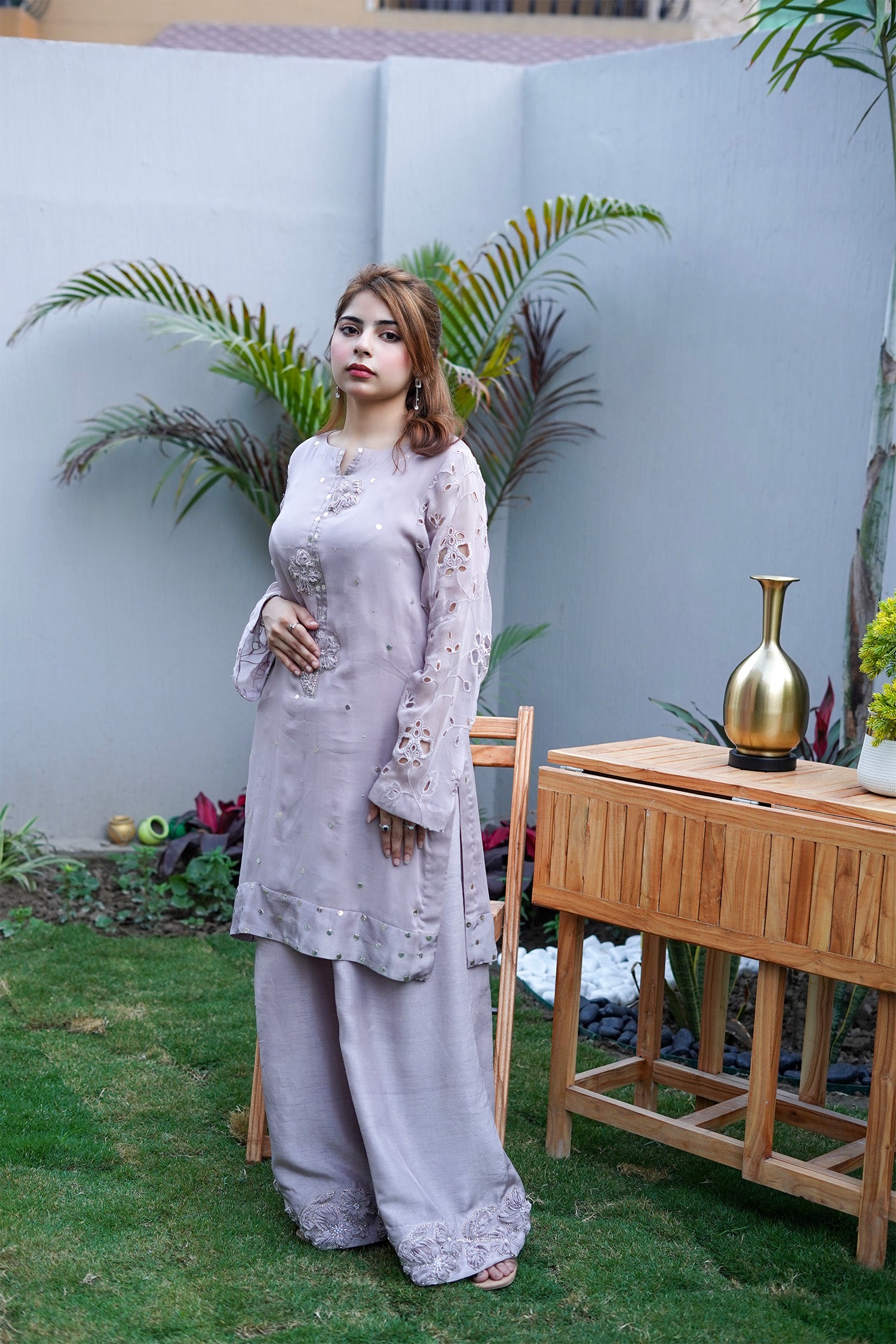 Lilac Lavender Embroidered Palazzo Suit