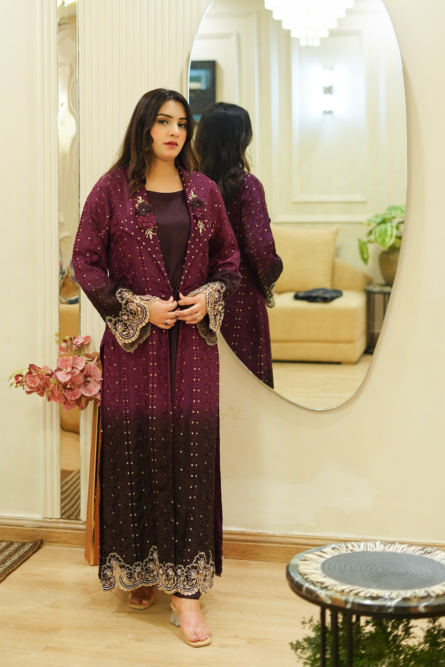 Plum Embellished Cutwork Long Jacket
