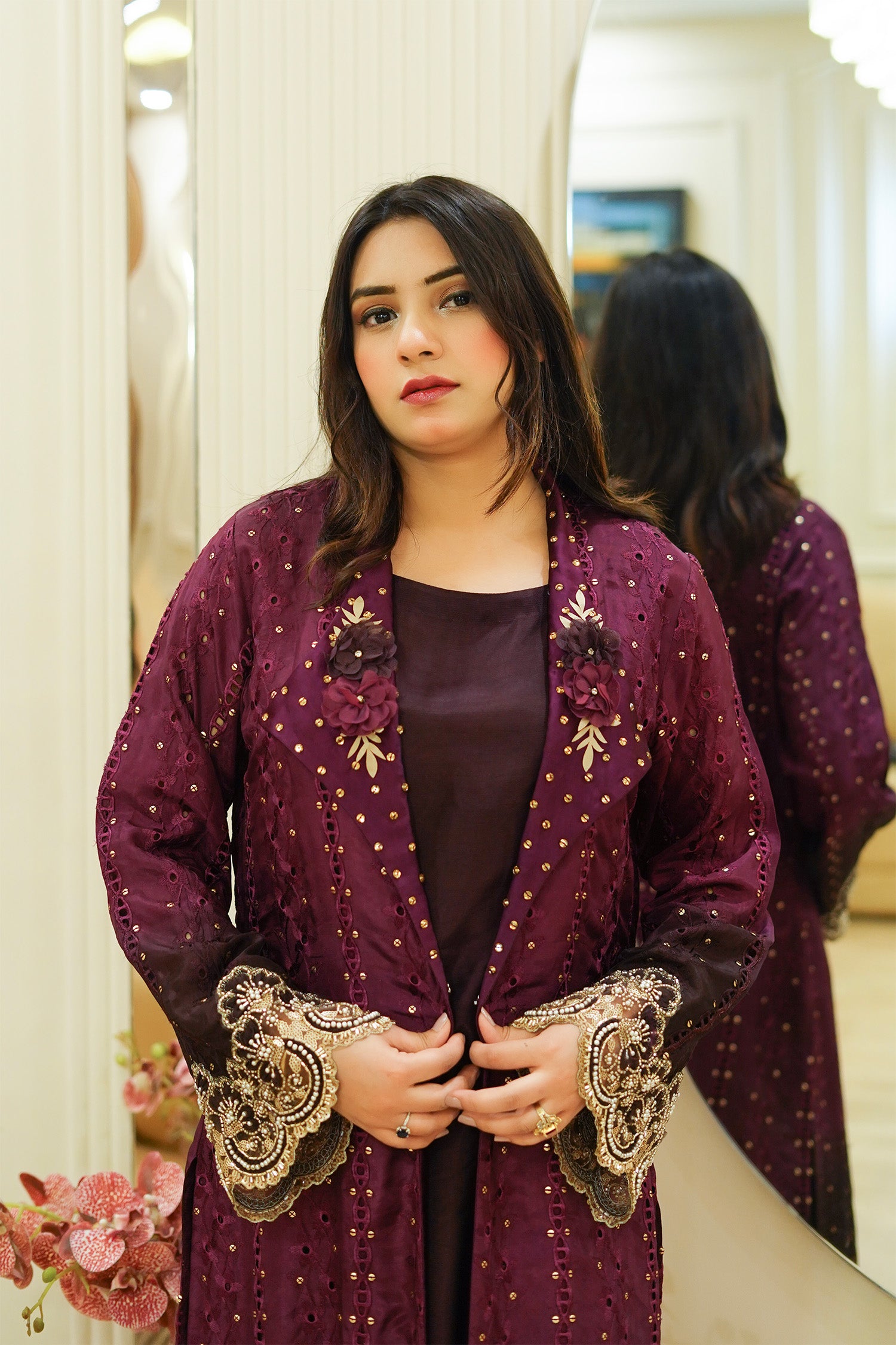 Plum Embellished Cutwork Long Jacket