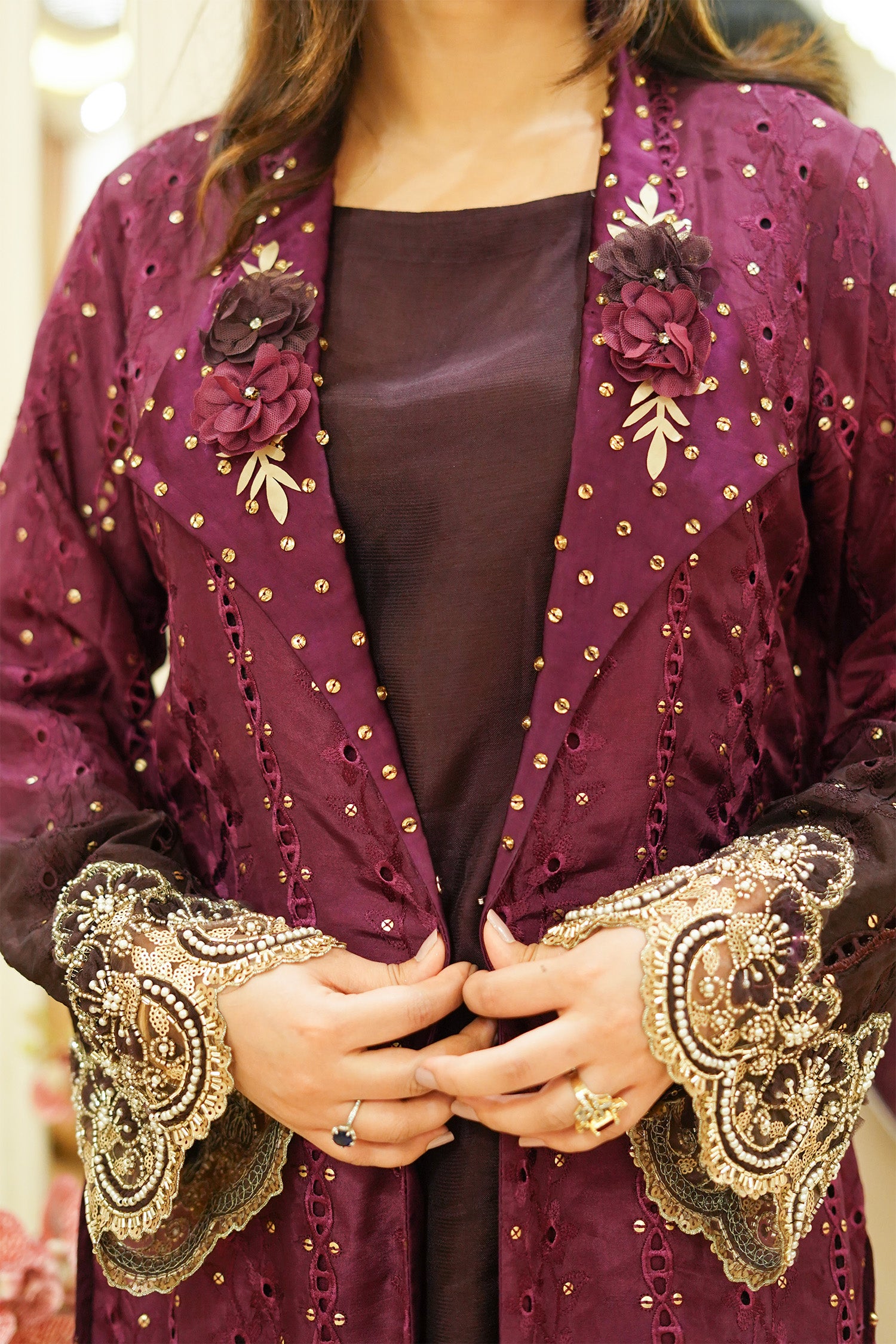 Plum Embellished Cutwork Long Jacket