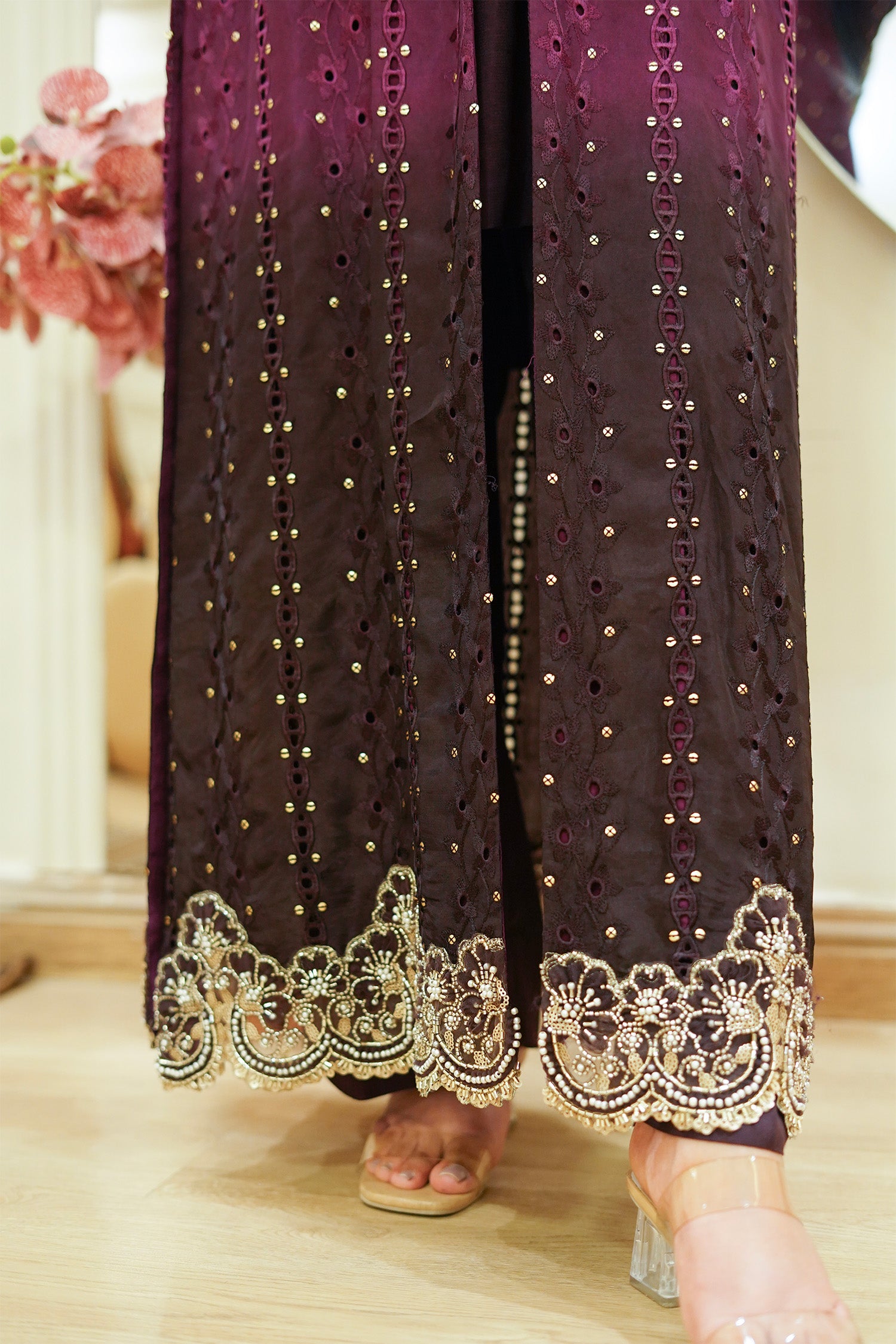 Plum Embellished Cutwork Long Jacket