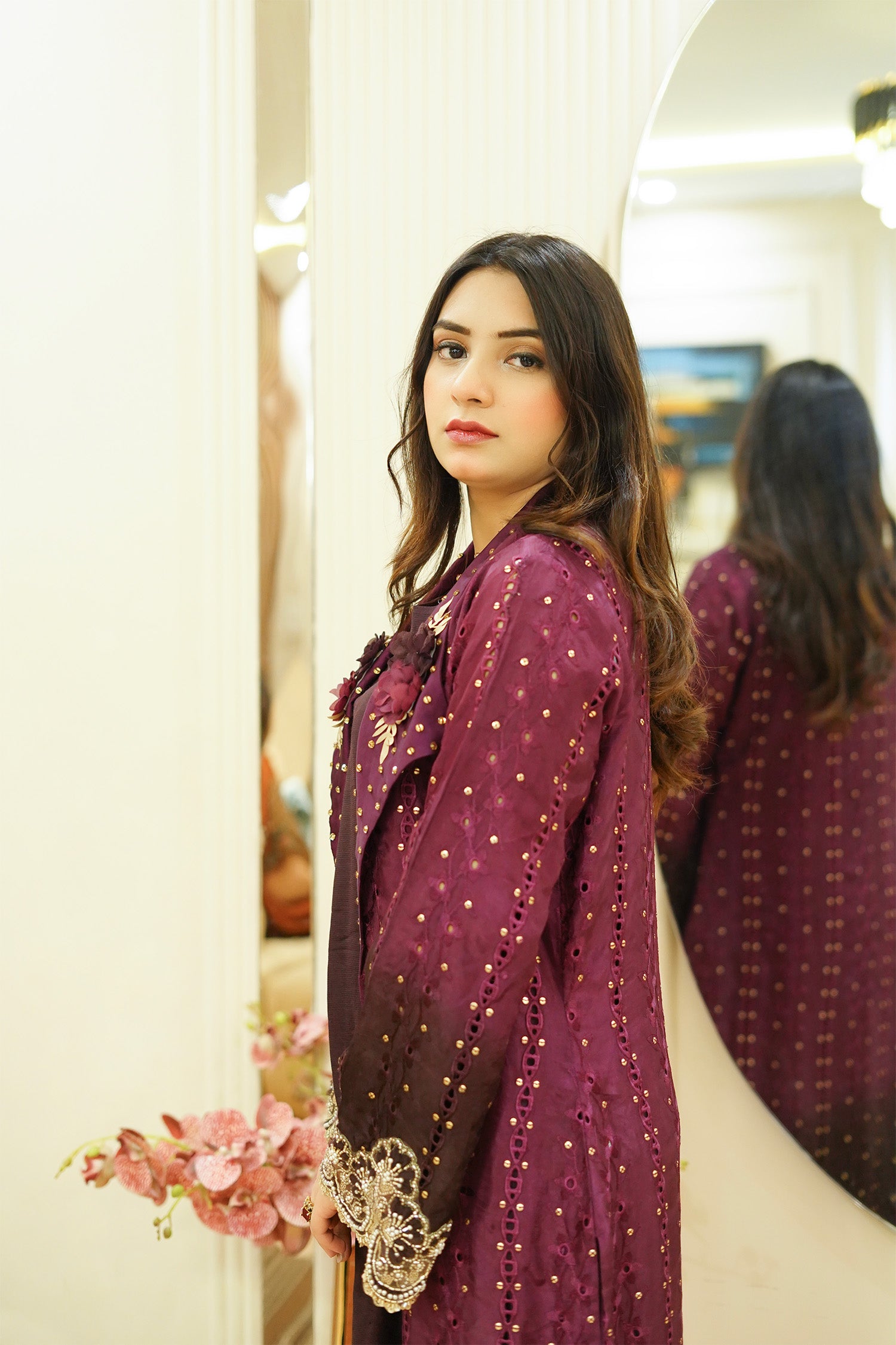 Plum Embellished Cutwork Long Jacket
