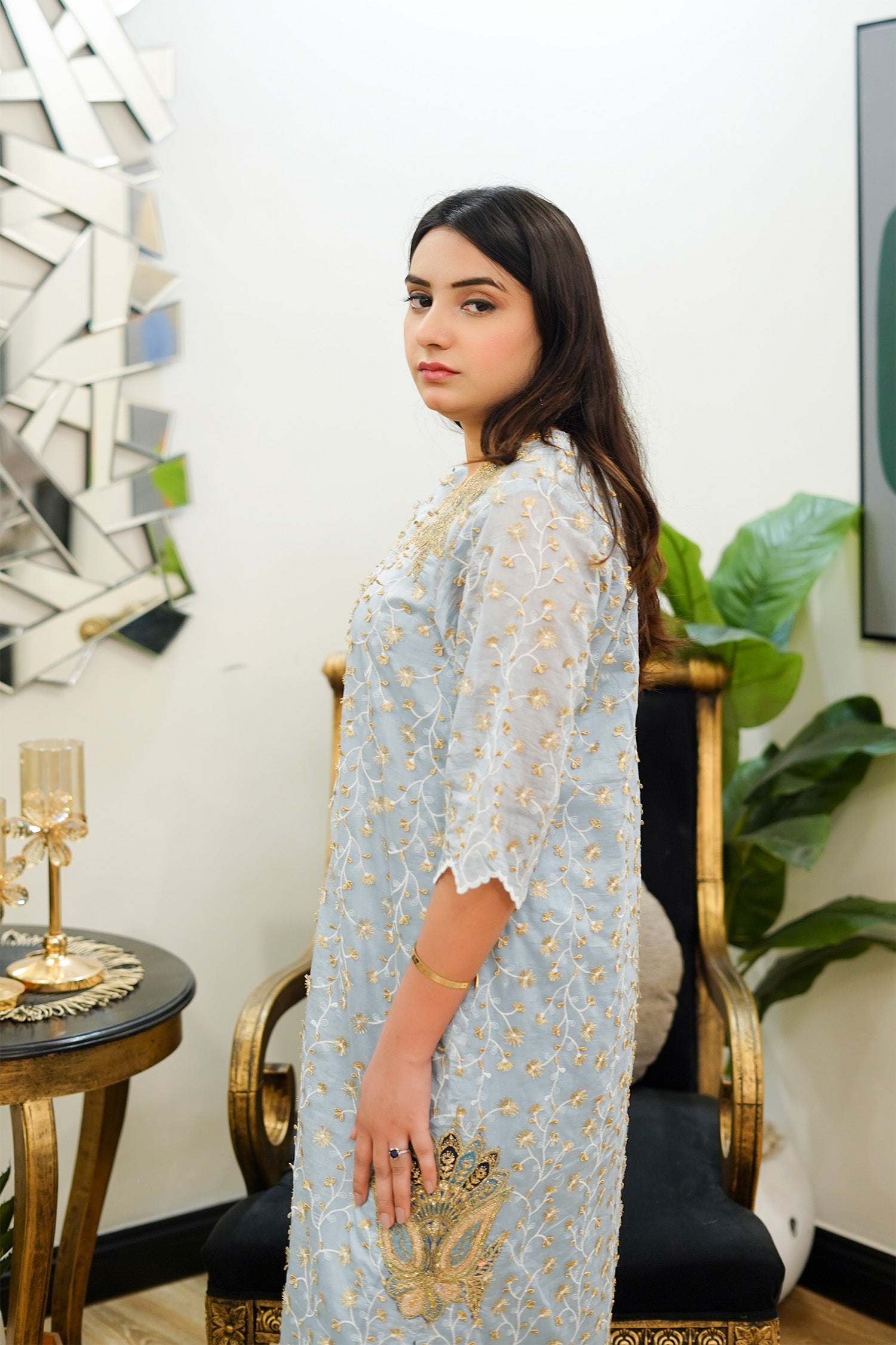 Powder Blue Scalloped Lace Tunic Suit