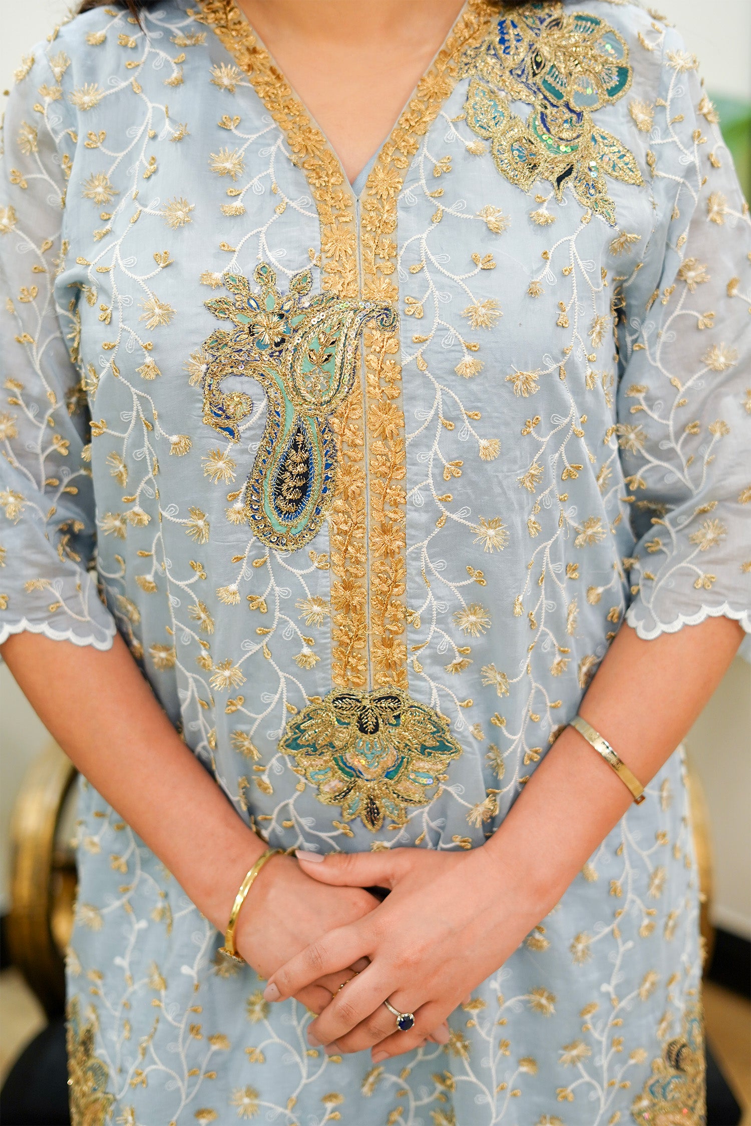 Powder Blue Scalloped Lace Tunic Suit