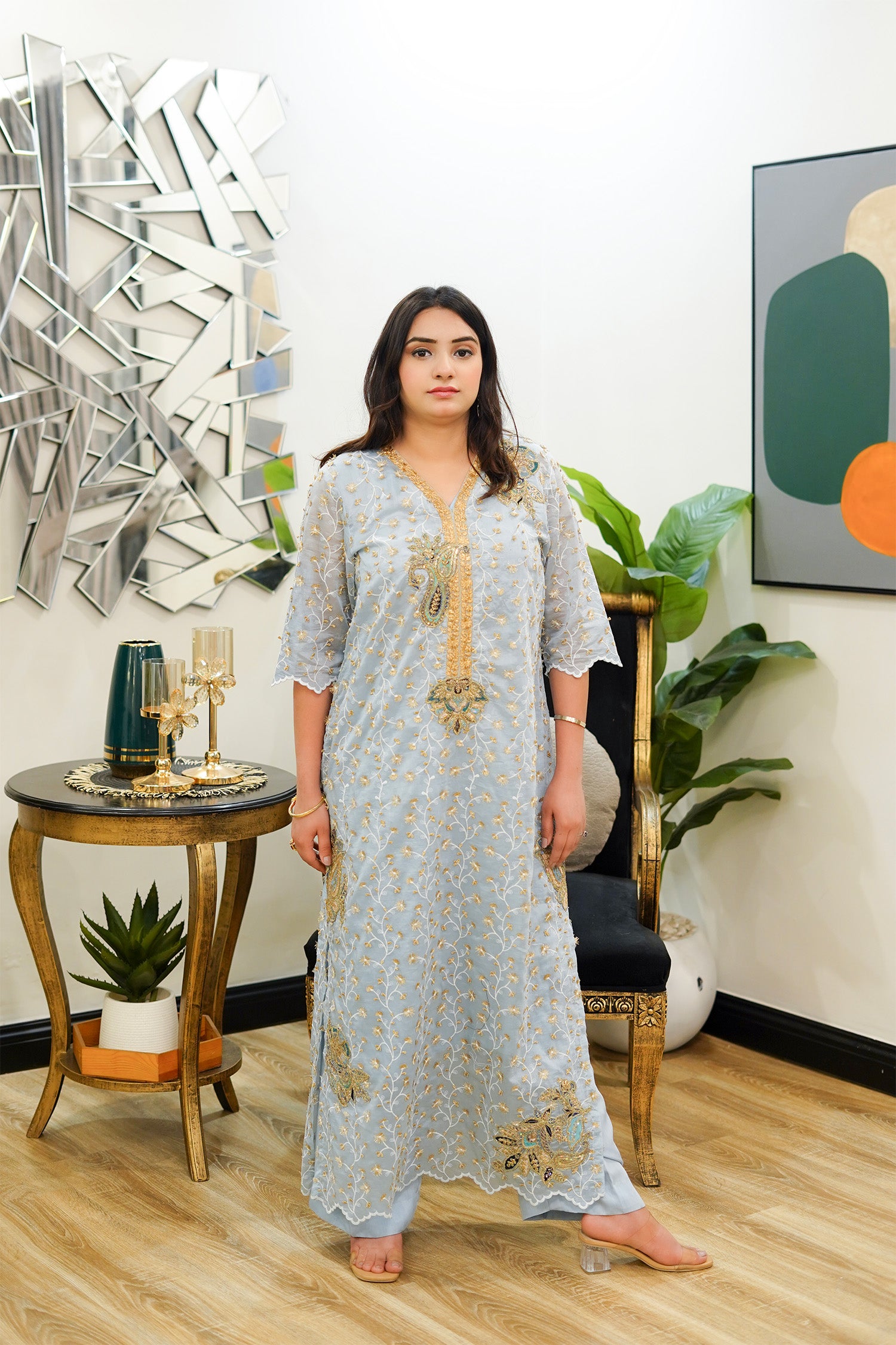 Powder Blue Scalloped Lace Tunic Suit