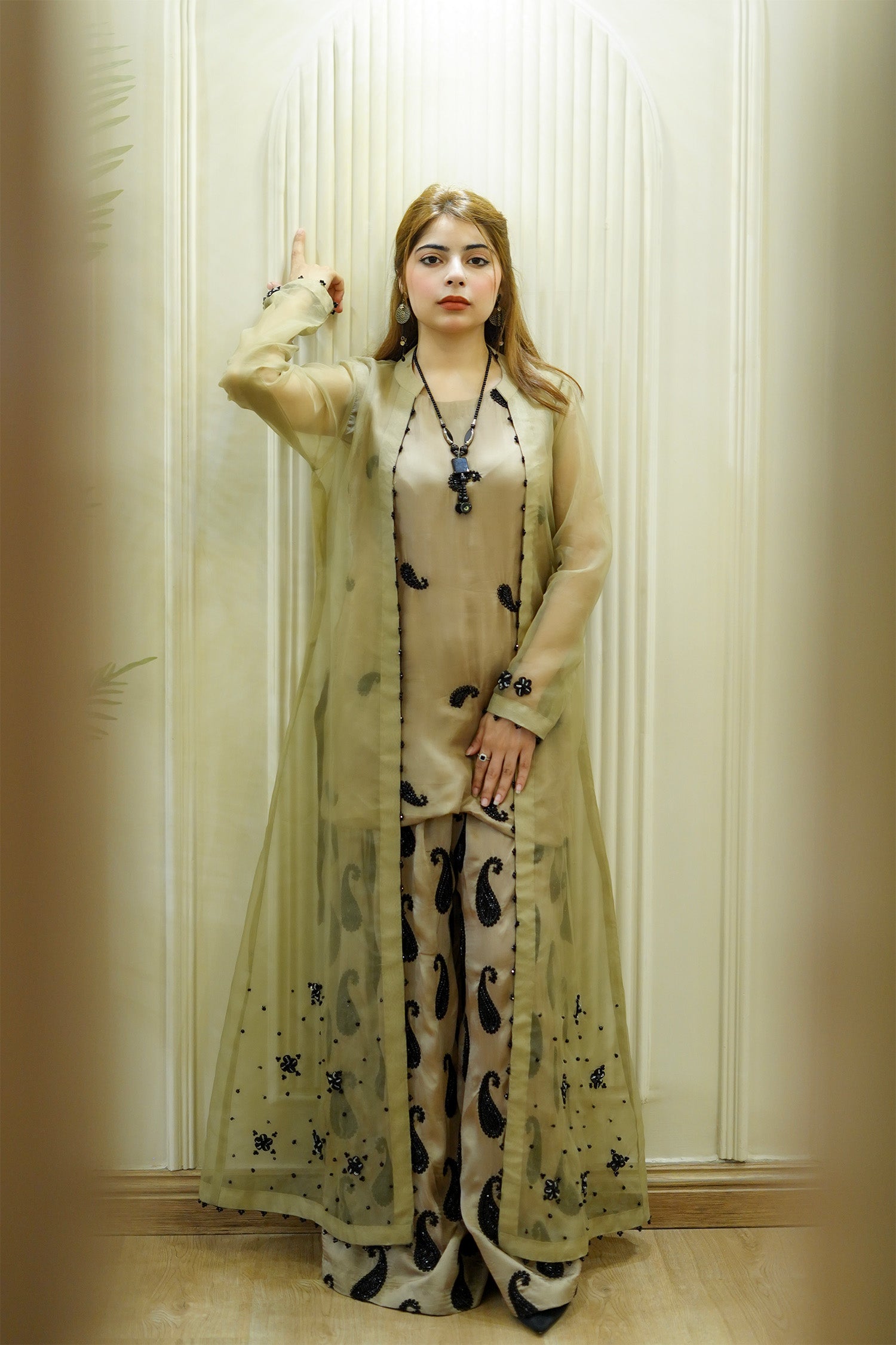 Metallic Olive Paisley Organza Jacket Set