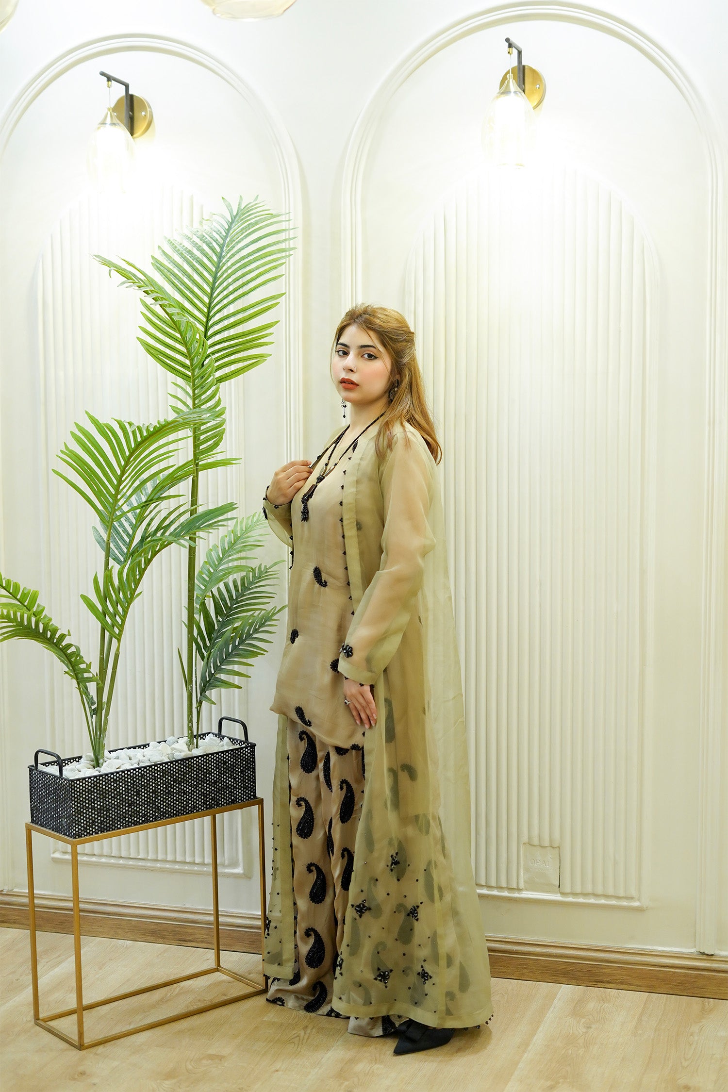 Metallic Olive Paisley Organza Jacket Set