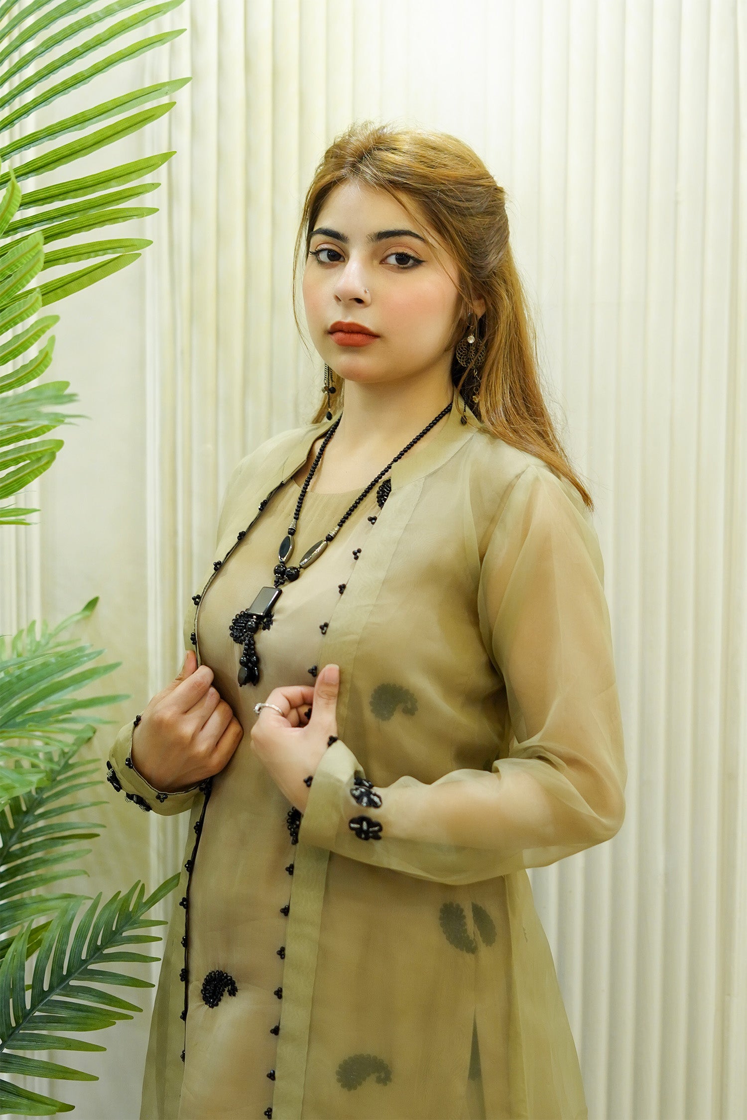 Metallic Olive Paisley Organza Jacket Set
