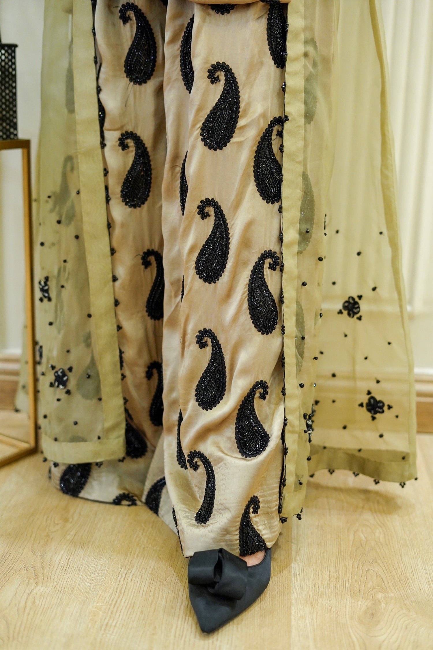 Metallic Olive Paisley Organza Jacket Set