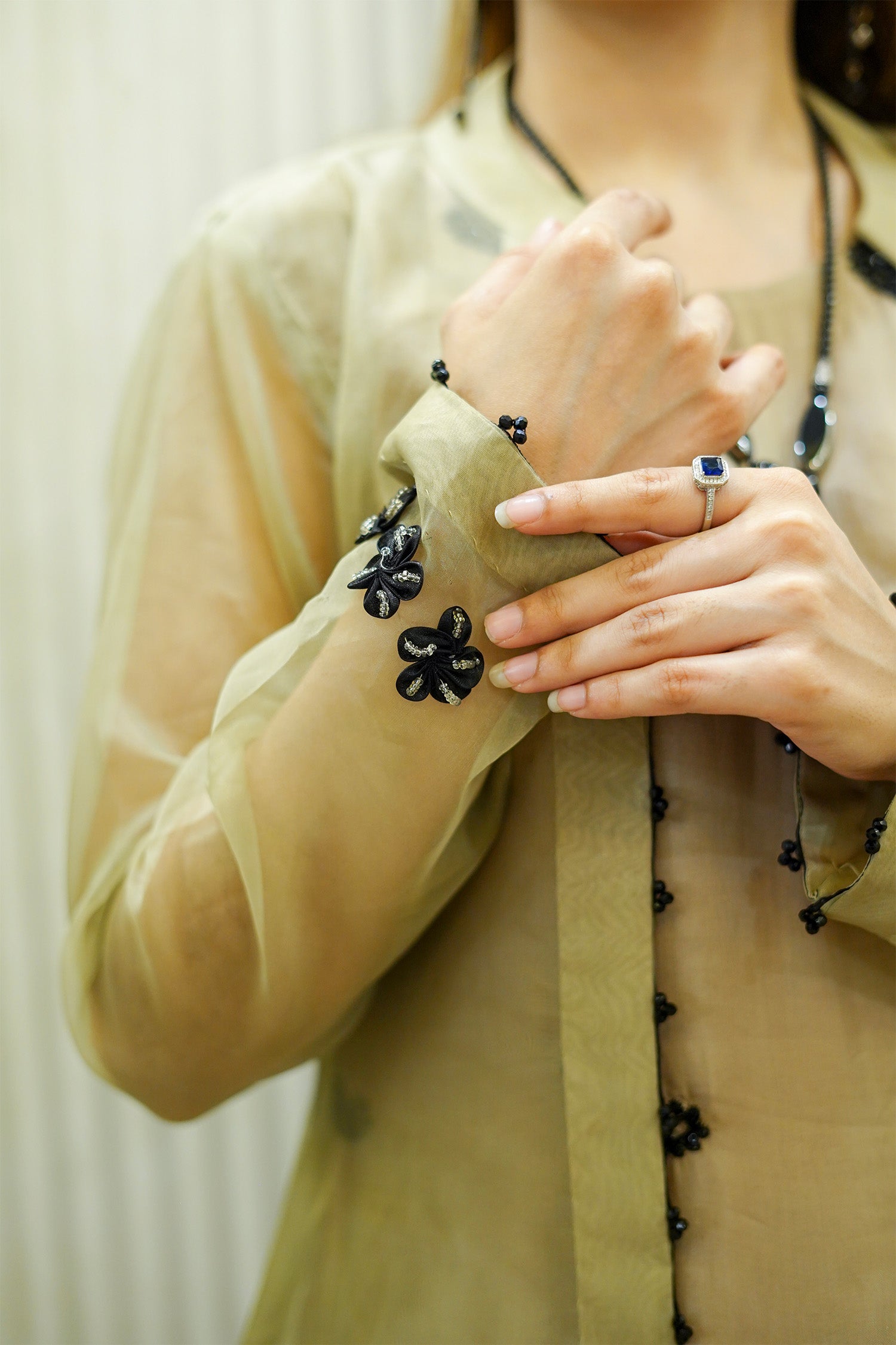 Metallic Olive Paisley Organza Jacket Set