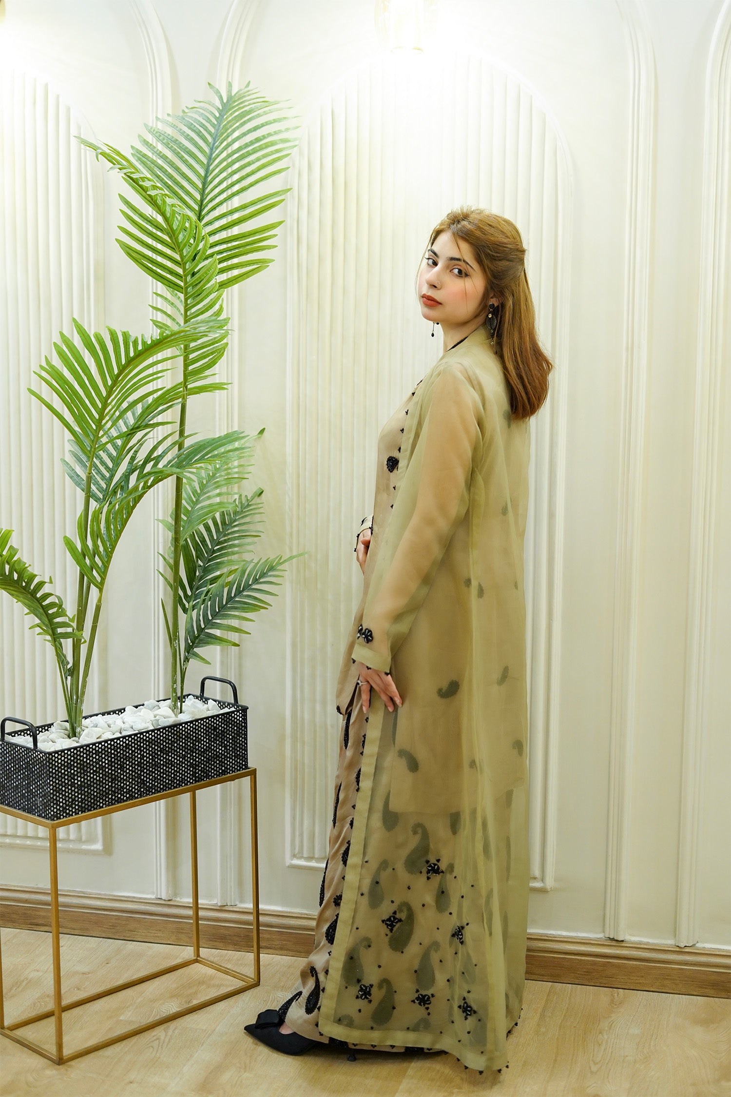 Metallic Olive Paisley Organza Jacket Set