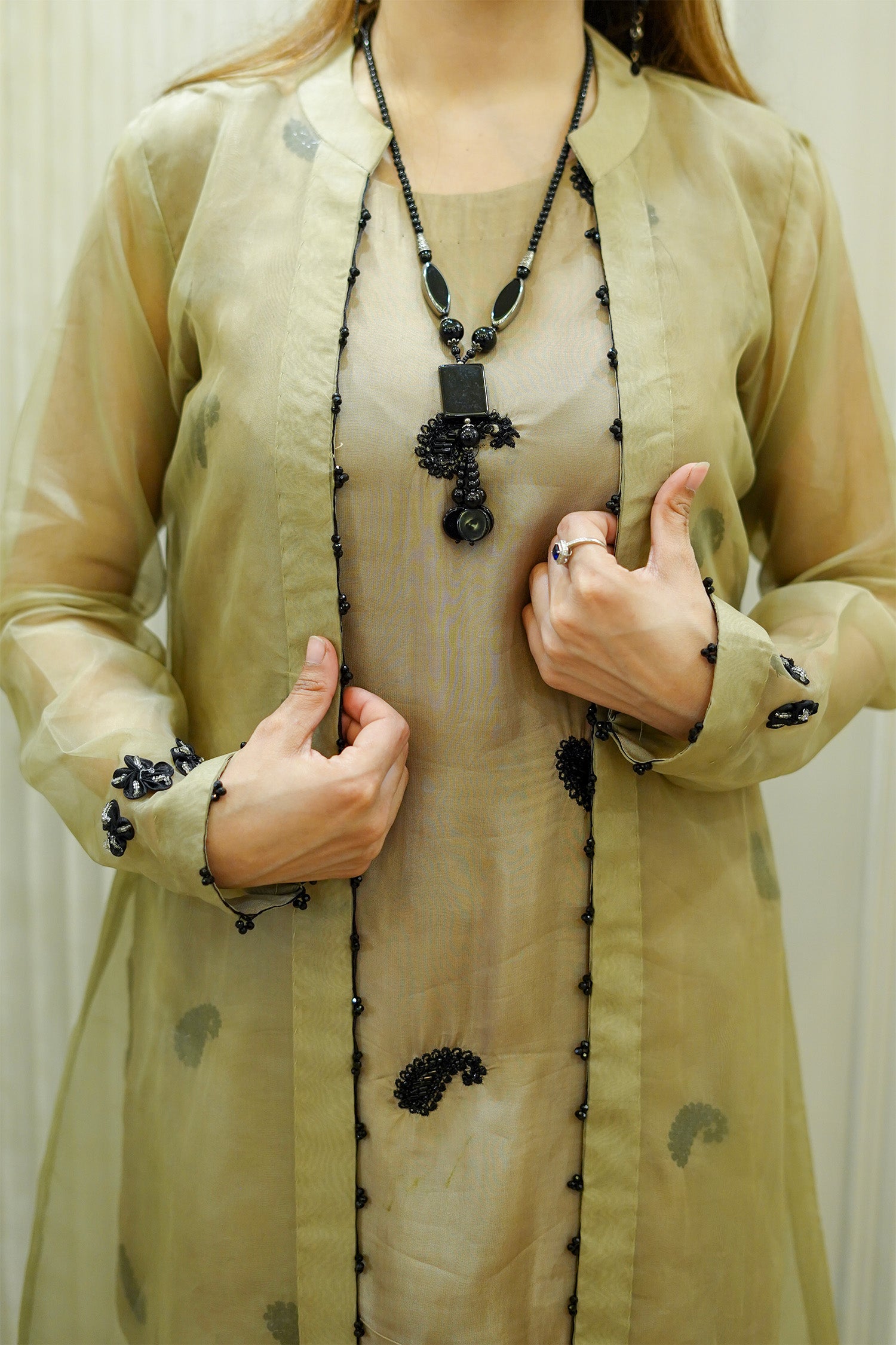 Metallic Olive Paisley Organza Jacket Set