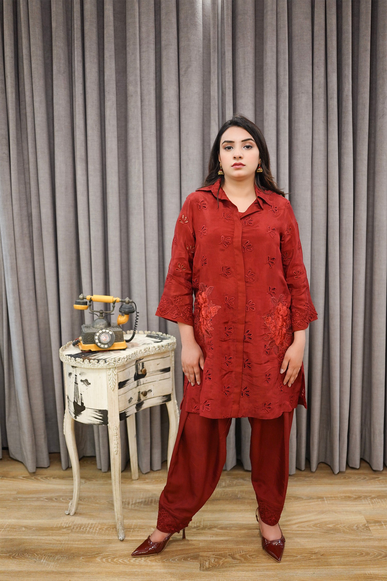 Rust Embroidered Button-Down Co-ord Set