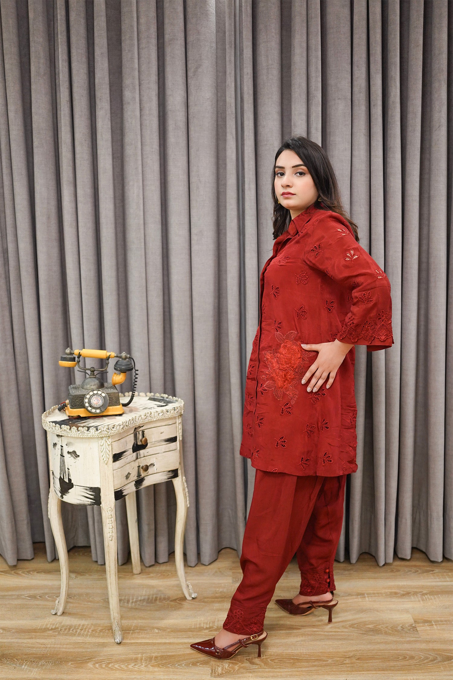 Rust Embroidered Button-Down Co-ord Set