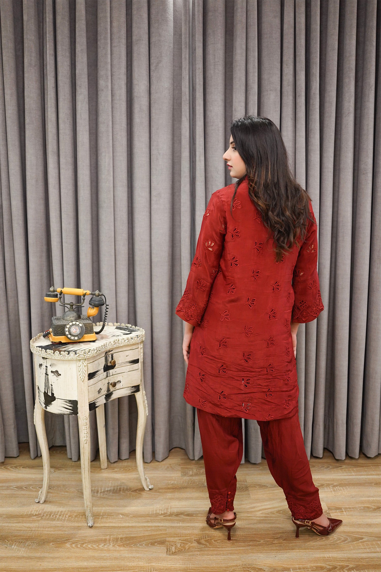 Rust Embroidered Button-Down Co-ord Set