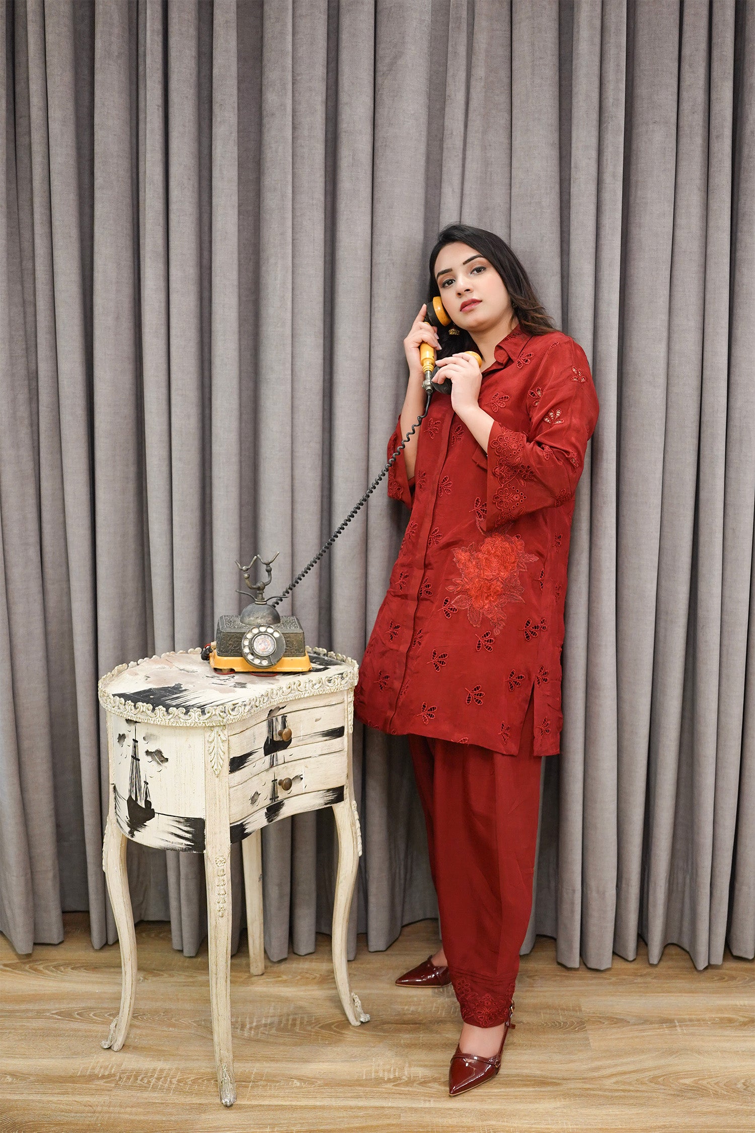 Rust Embroidered Button-Down Co-ord Set