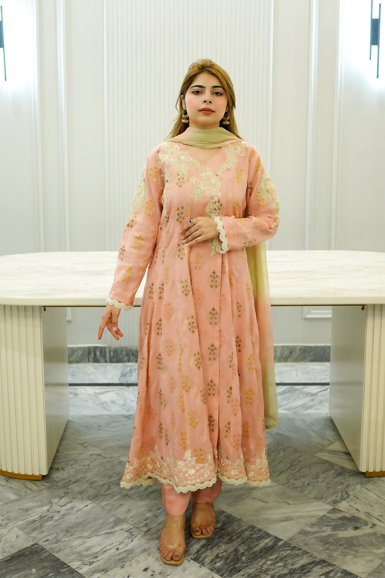 Peach Embellished A-Line Tunic Suit