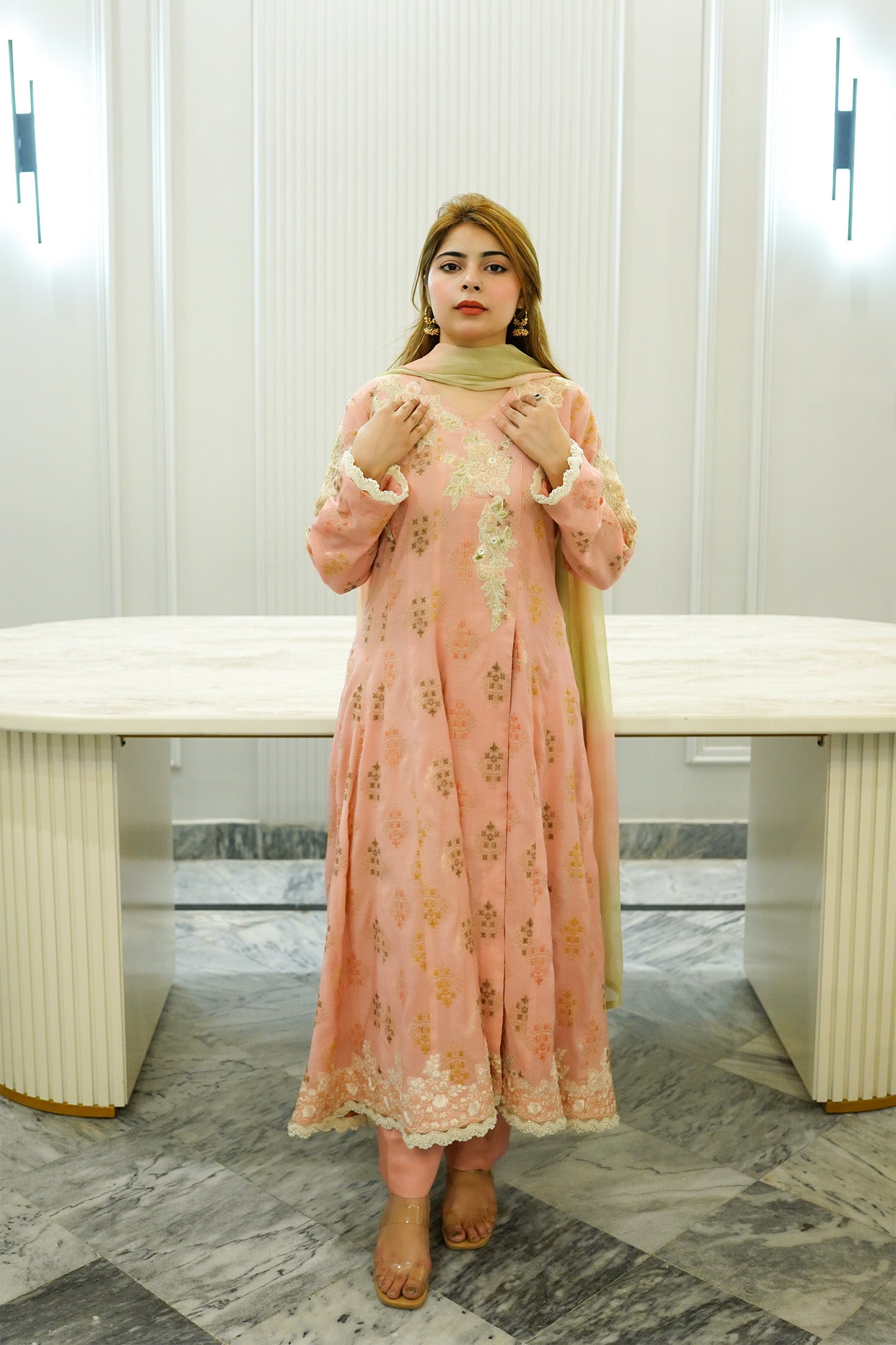 Peach Embellished A-Line Tunic Suit